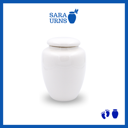 An all-white polished ceramic baby urn over a white background.