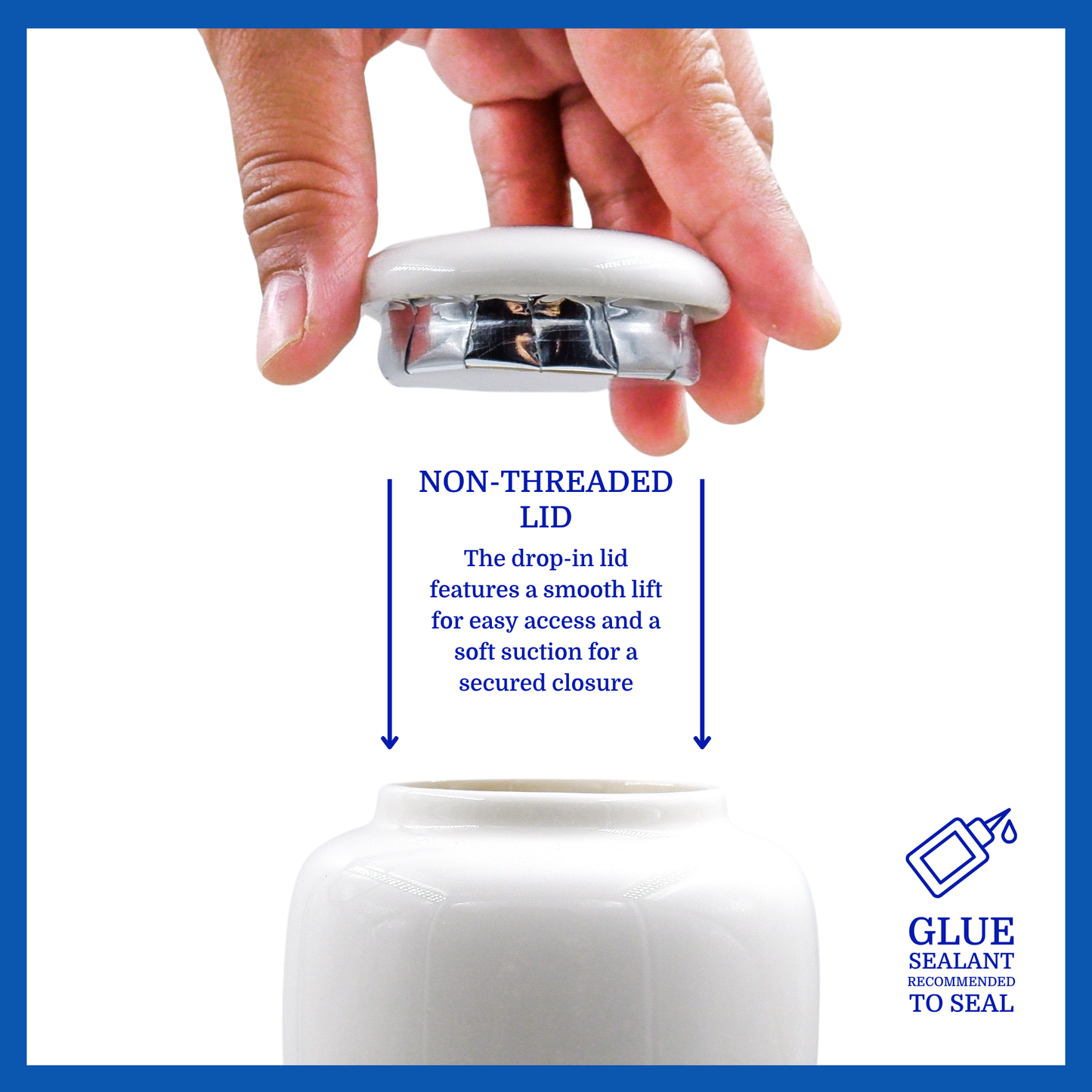 A presentation of an all-white polished ceramic baby urn’s non-threaded lid which highlights its accessibility.