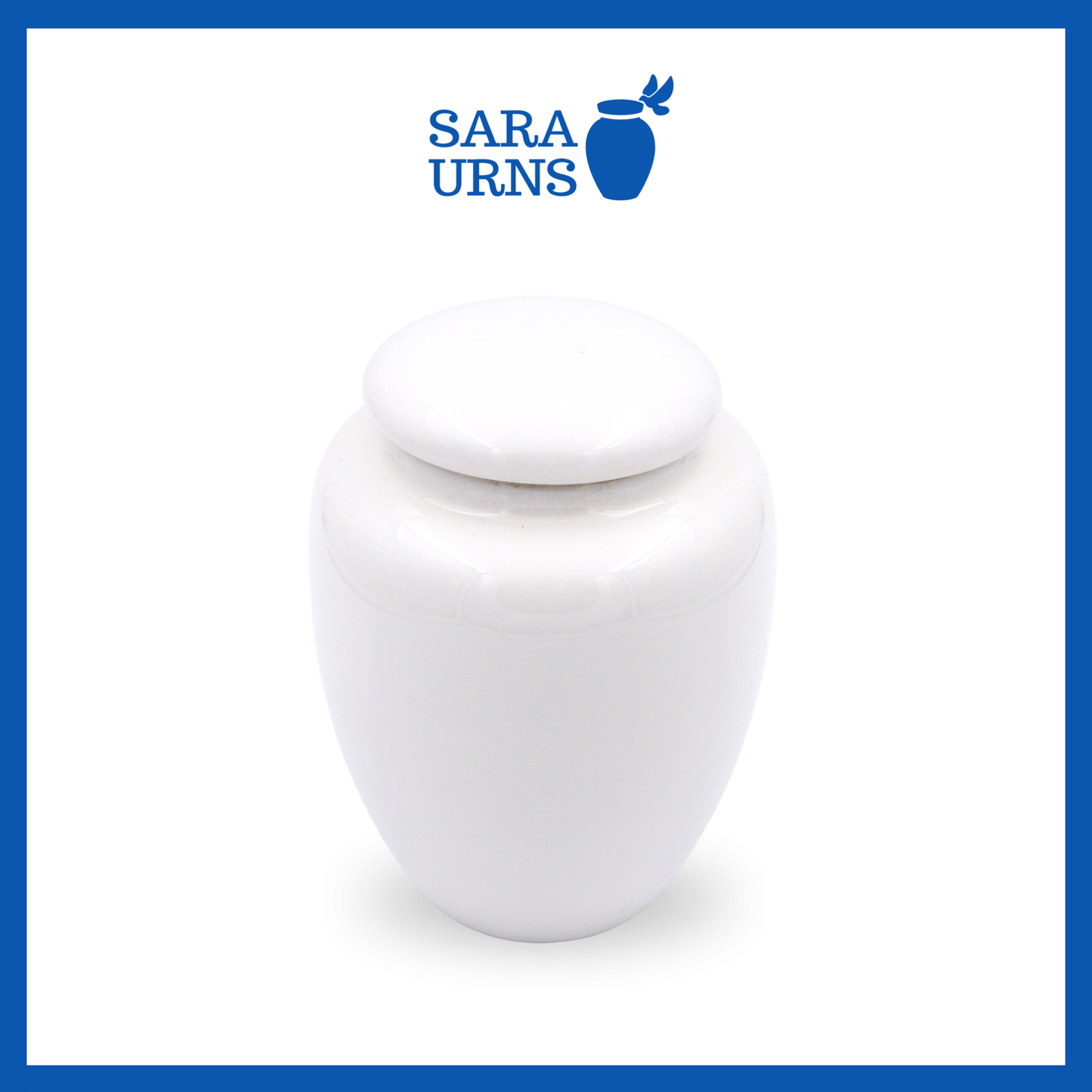A higher angle of an all-white polished ceramic baby urn with a classic design and shape over a white background.