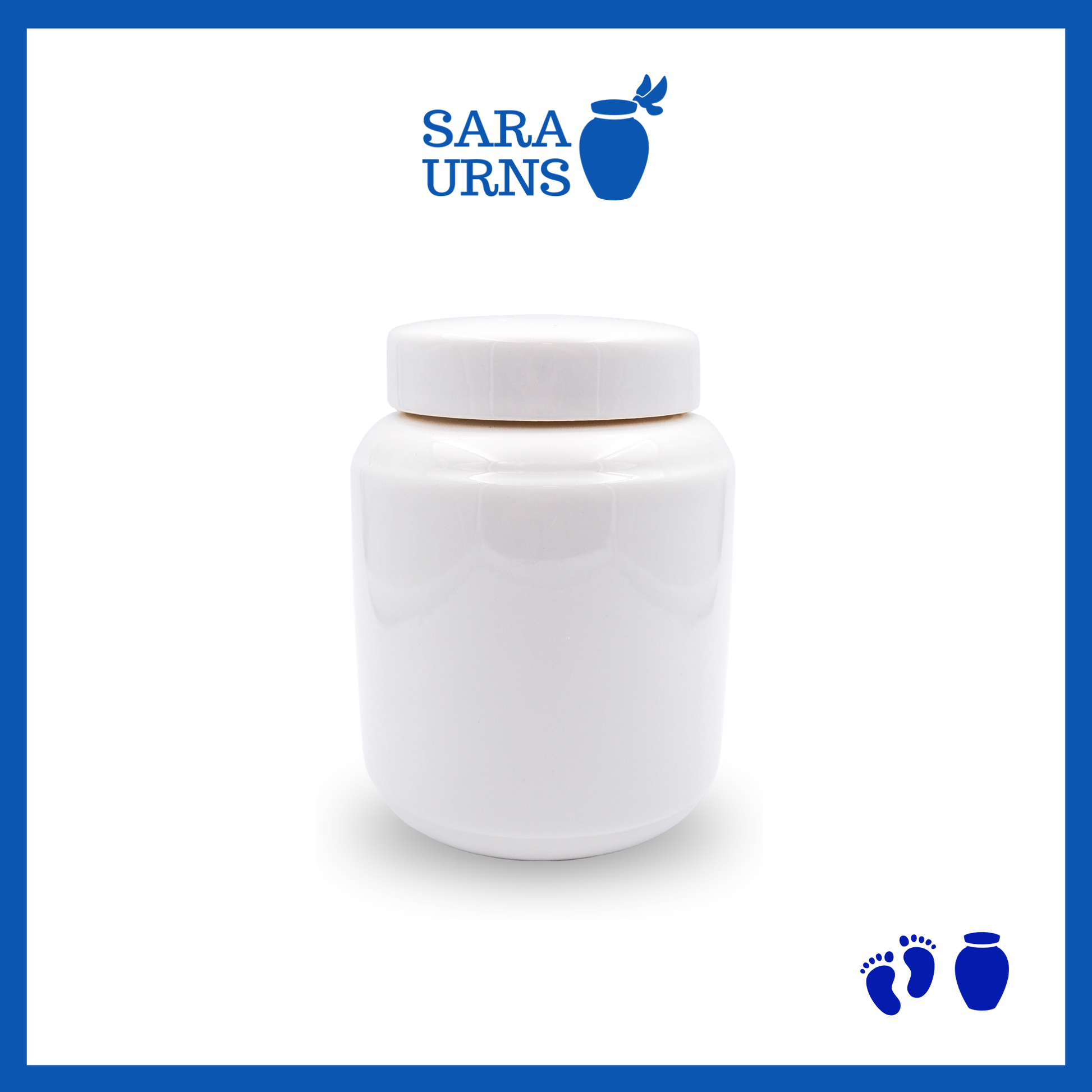An all-white polished ceramic baby urn over a white background.