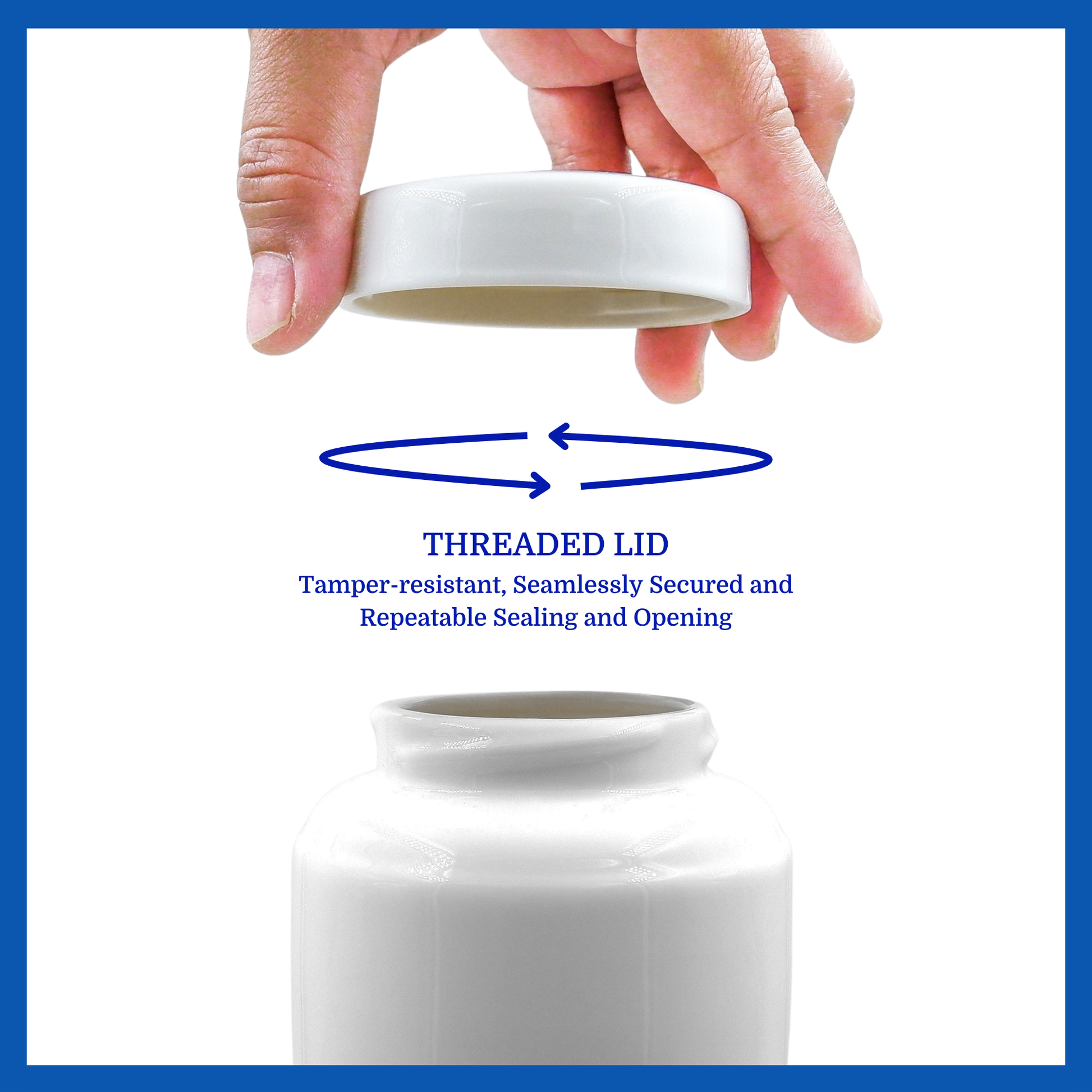 A presentation of an all-white polished ceramic baby urn’s threaded lid which highlights its security.