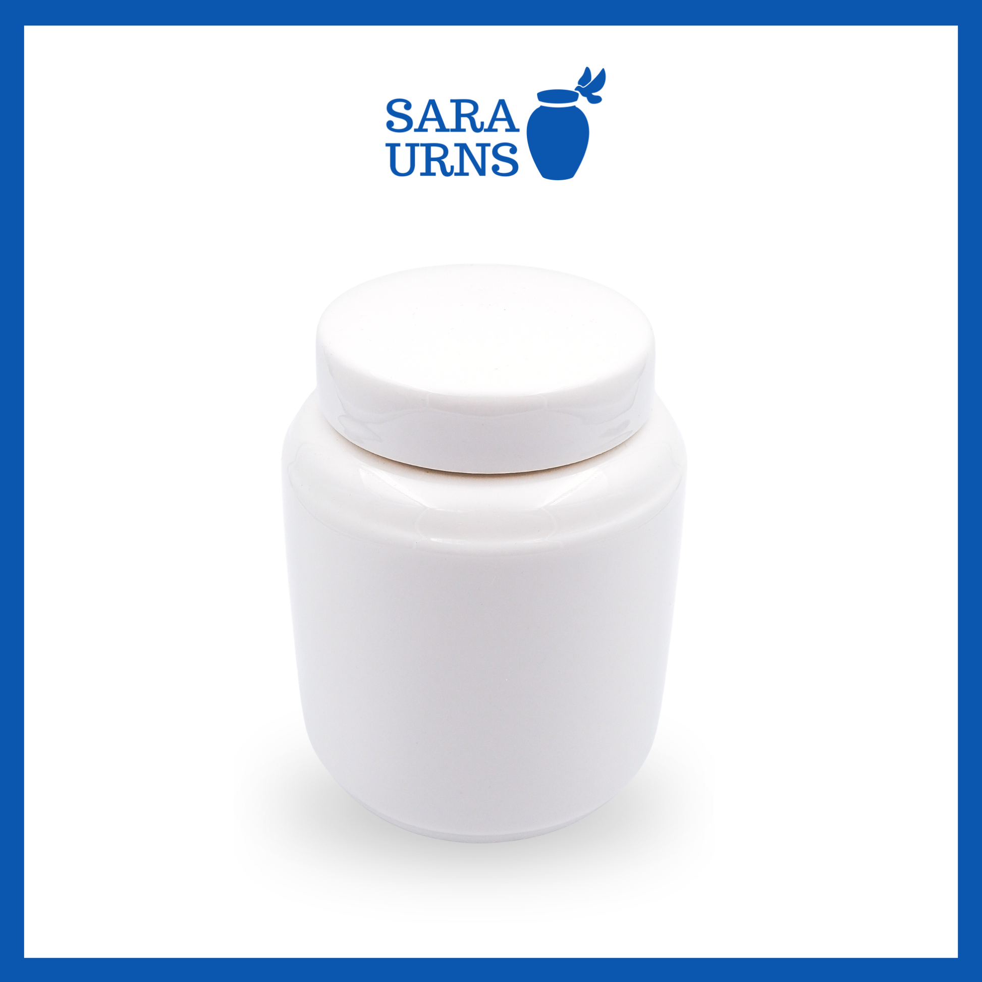 A higher angle of an all-white polished ceramic baby urn with a classic design and shape over a white background.