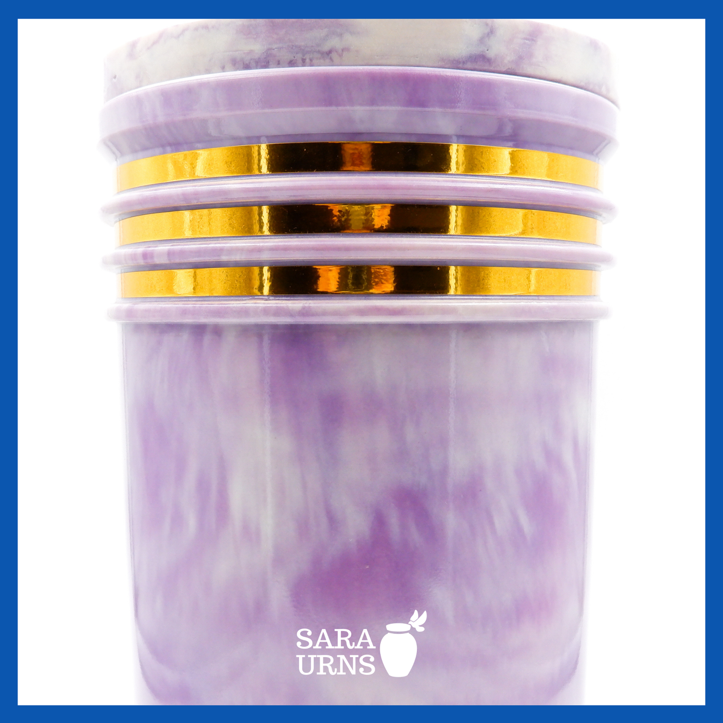 A close-up angle of a purple cultured marble urn which highlights its abstract, liquid marble pattern and gold detail.