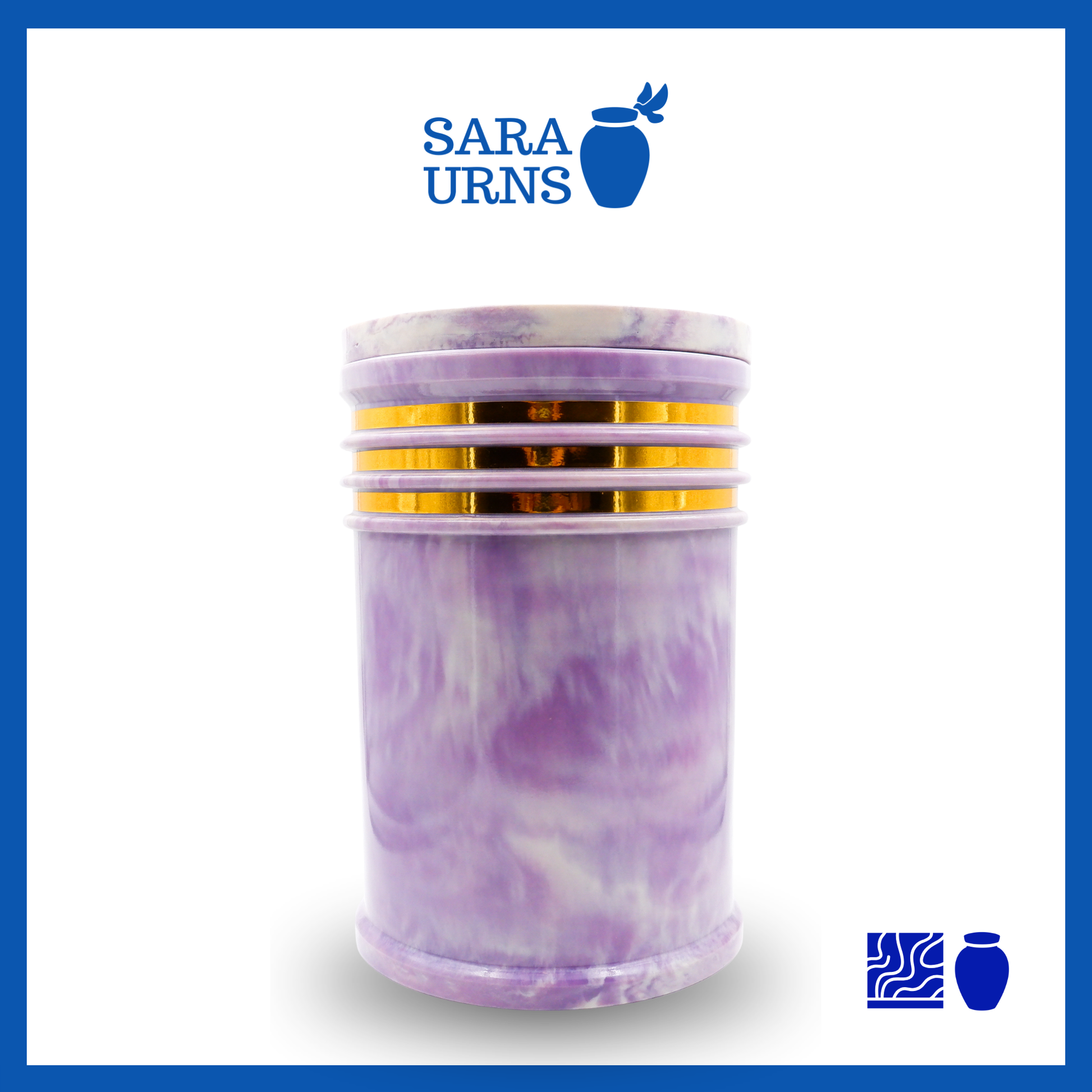 A polished purple cultured marble urn with an abstract, liquid marble pattern and gold detail over a white background.
