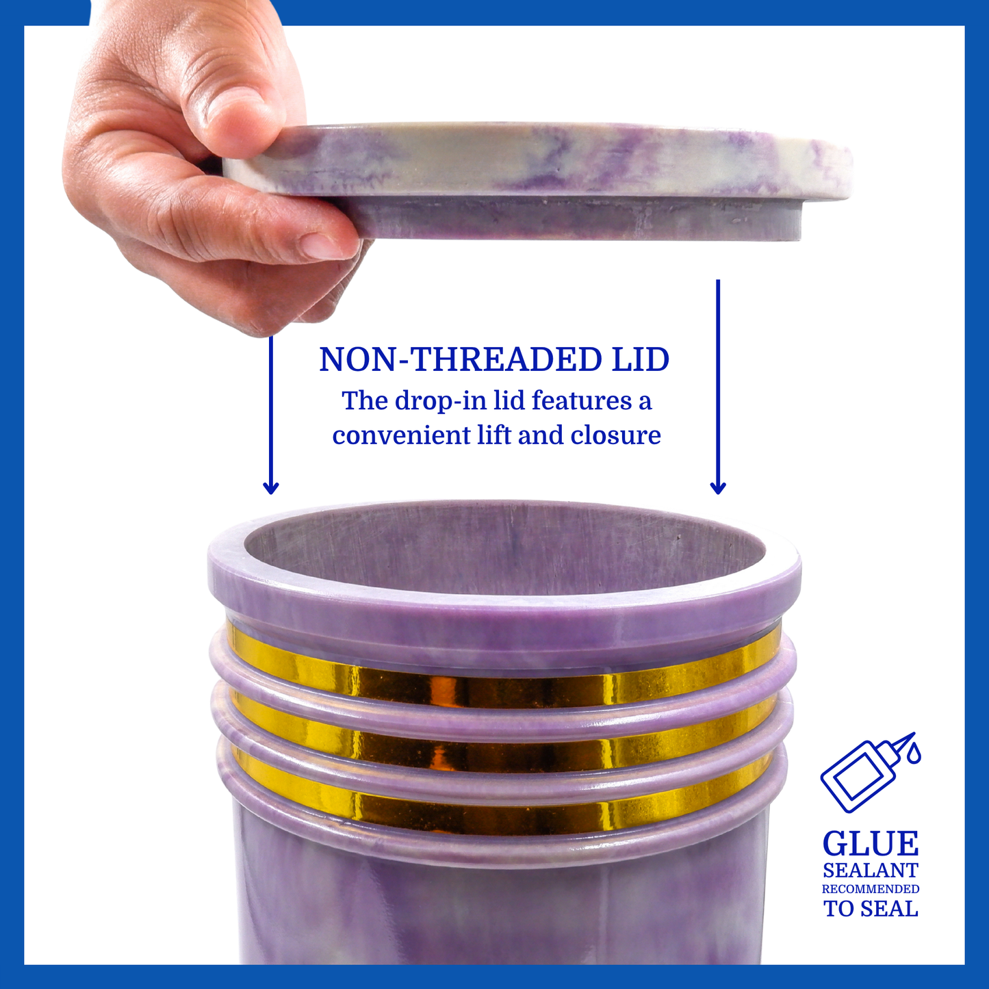 A presentation of a purple cultured marble urn’s non-threaded lid which highlights its accessibility.