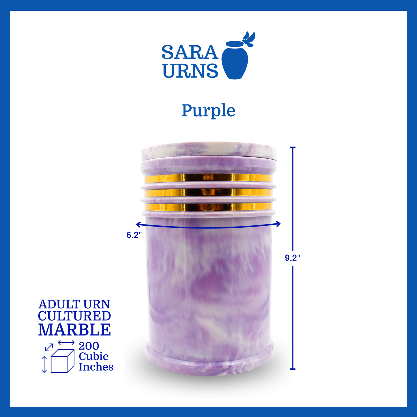 A purple cultured marble urn that is specified as 6.2 inches in diameter, 9.2 inches tall and is 200 cubic inches.