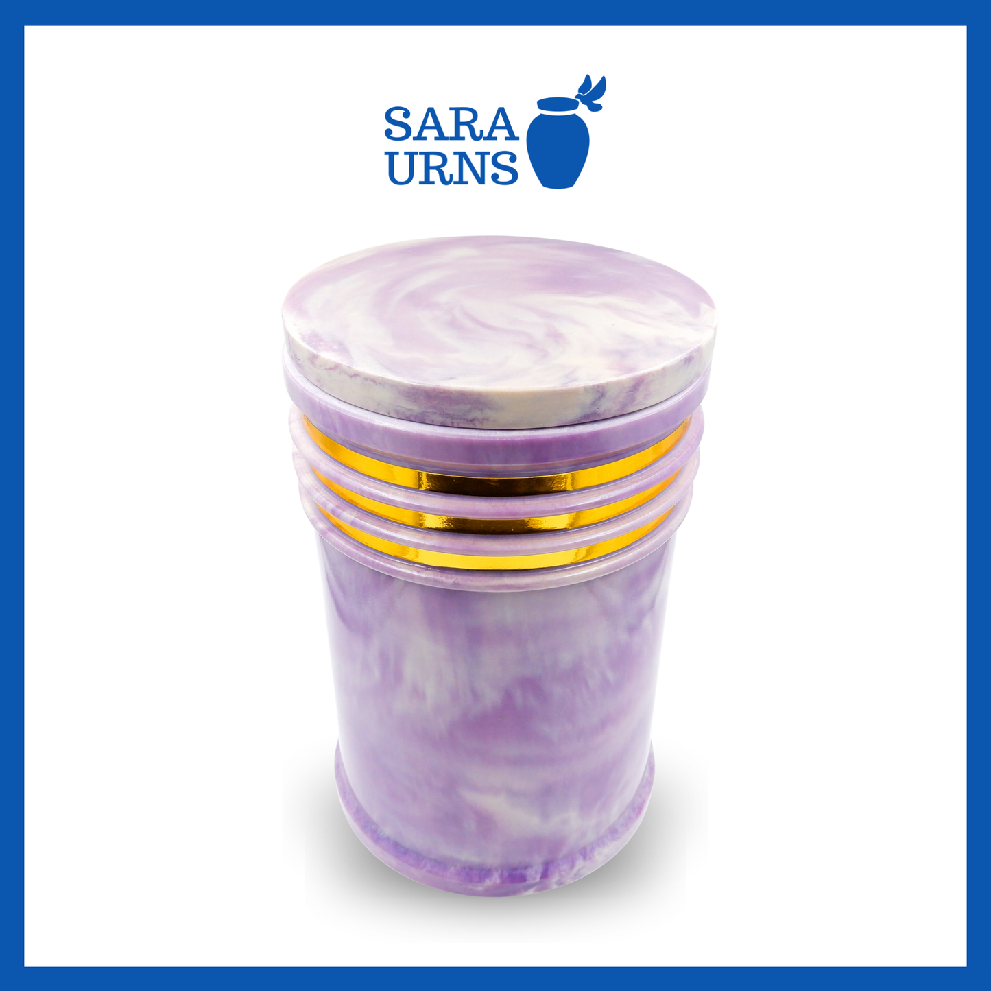 A higher angle of a purple polished cultured marble urn with an abstract, liquid marble pattern and gold detail over a white background.