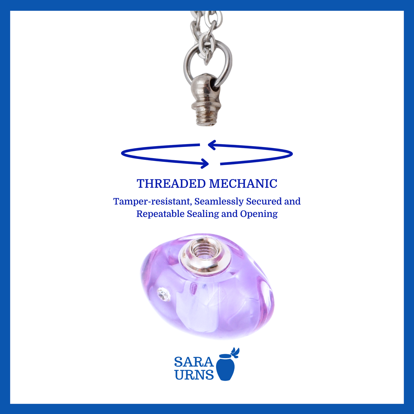 A presentation of a purple, jewel-like ash necklace’s threaded lid which highlights its safety and security.