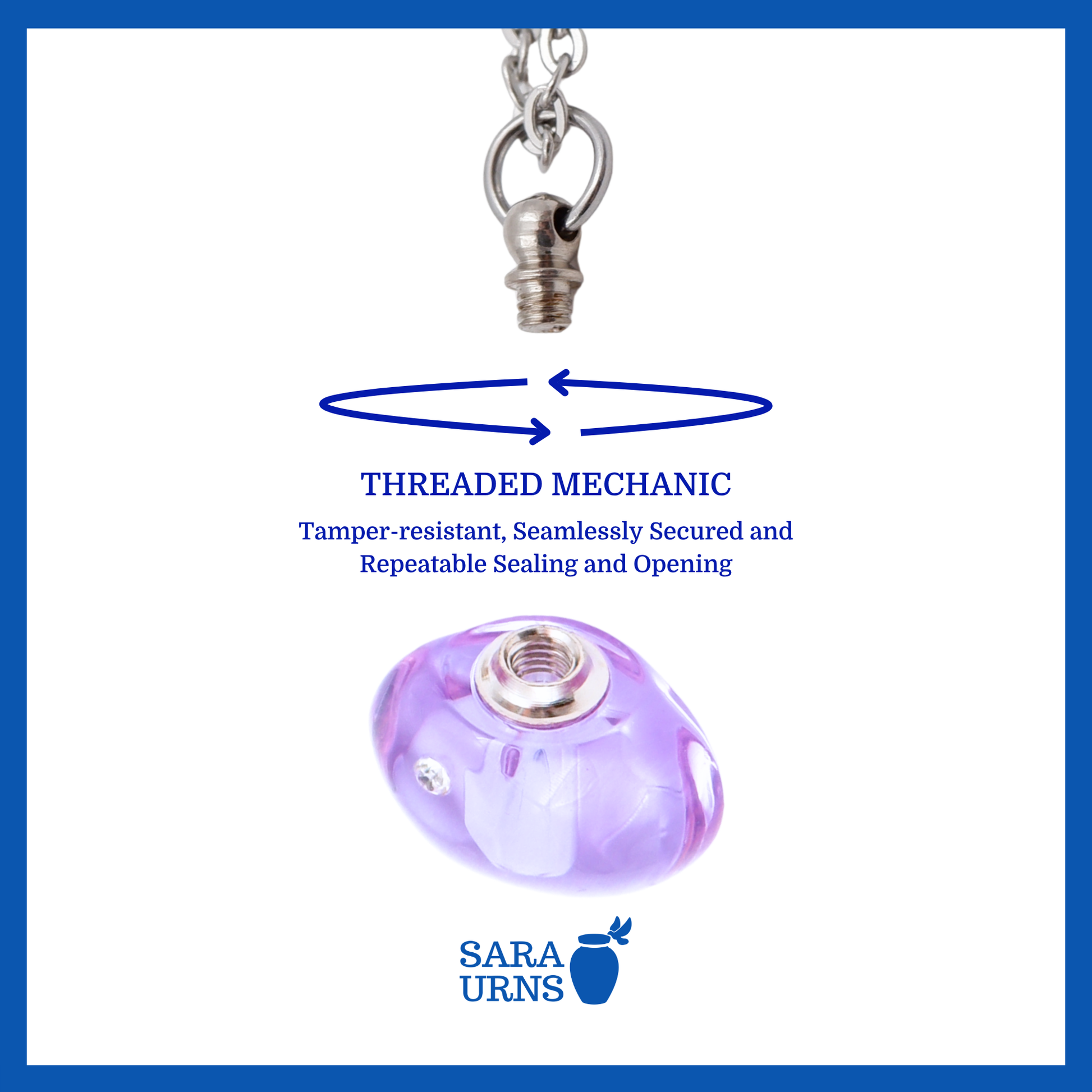 A presentation of a purple, jewel-like ash necklace’s threaded lid which highlights its safety and security.