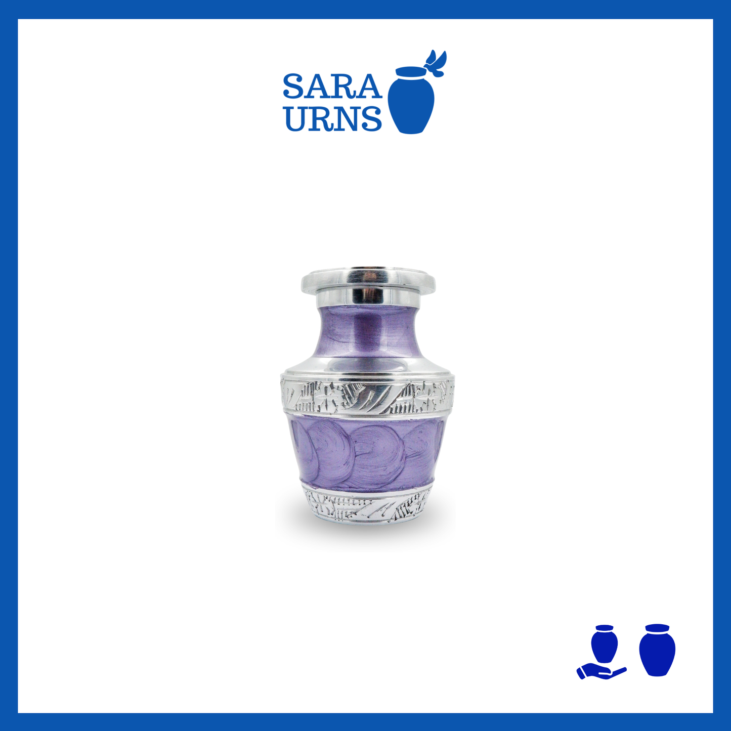A purple aluminum metal keepsake urn with silver hand-etched designs across the body and lid over a white background.
