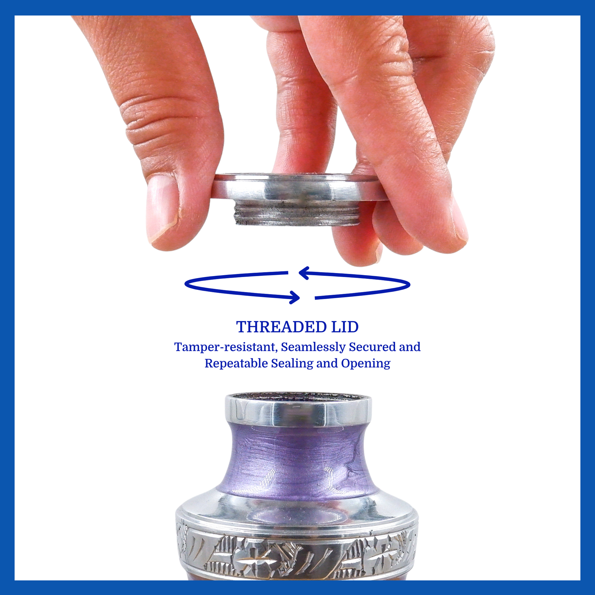 A presentation of a purple aluminum metal keepsake urn’s threaded lid which highlights its safety and security.