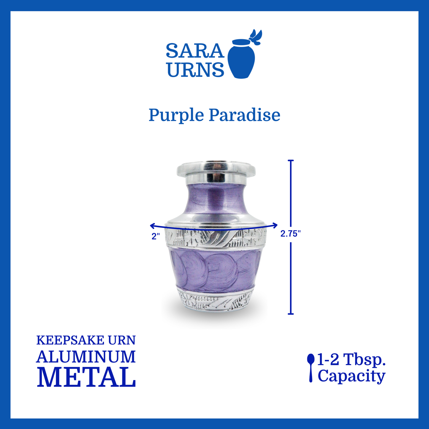 A purple aluminum metal keepsake urn with silver hand-etched designs across the body and lid that is specified as 2 inches in diameter, 2.75 inches tall and can fit approximately 1 to 2 tablespoons of ashes.