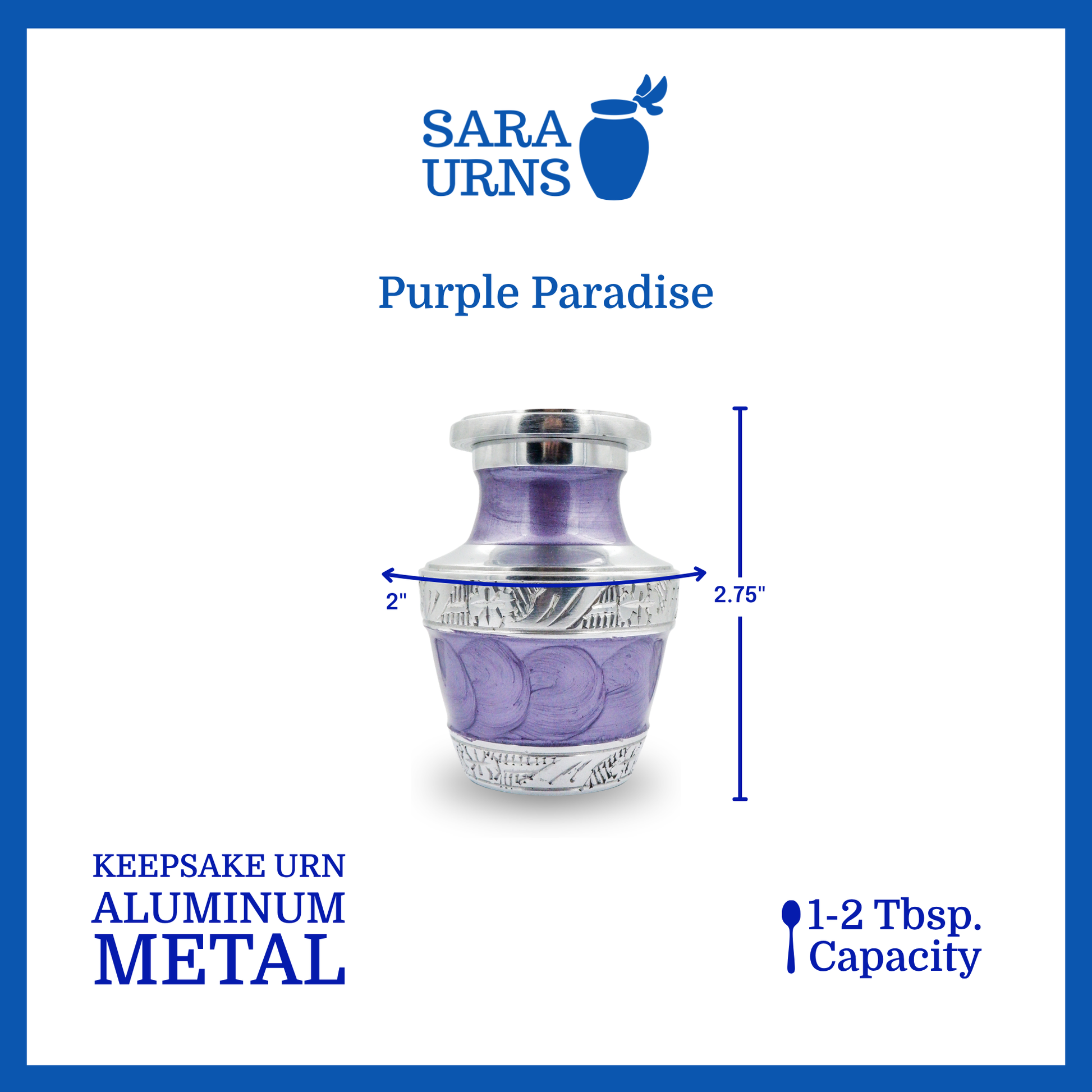 A purple aluminum metal keepsake urn with silver hand-etched designs across the body and lid that is specified as 2 inches in diameter, 2.75 inches tall and can fit approximately 1 to 2 tablespoons of ashes.