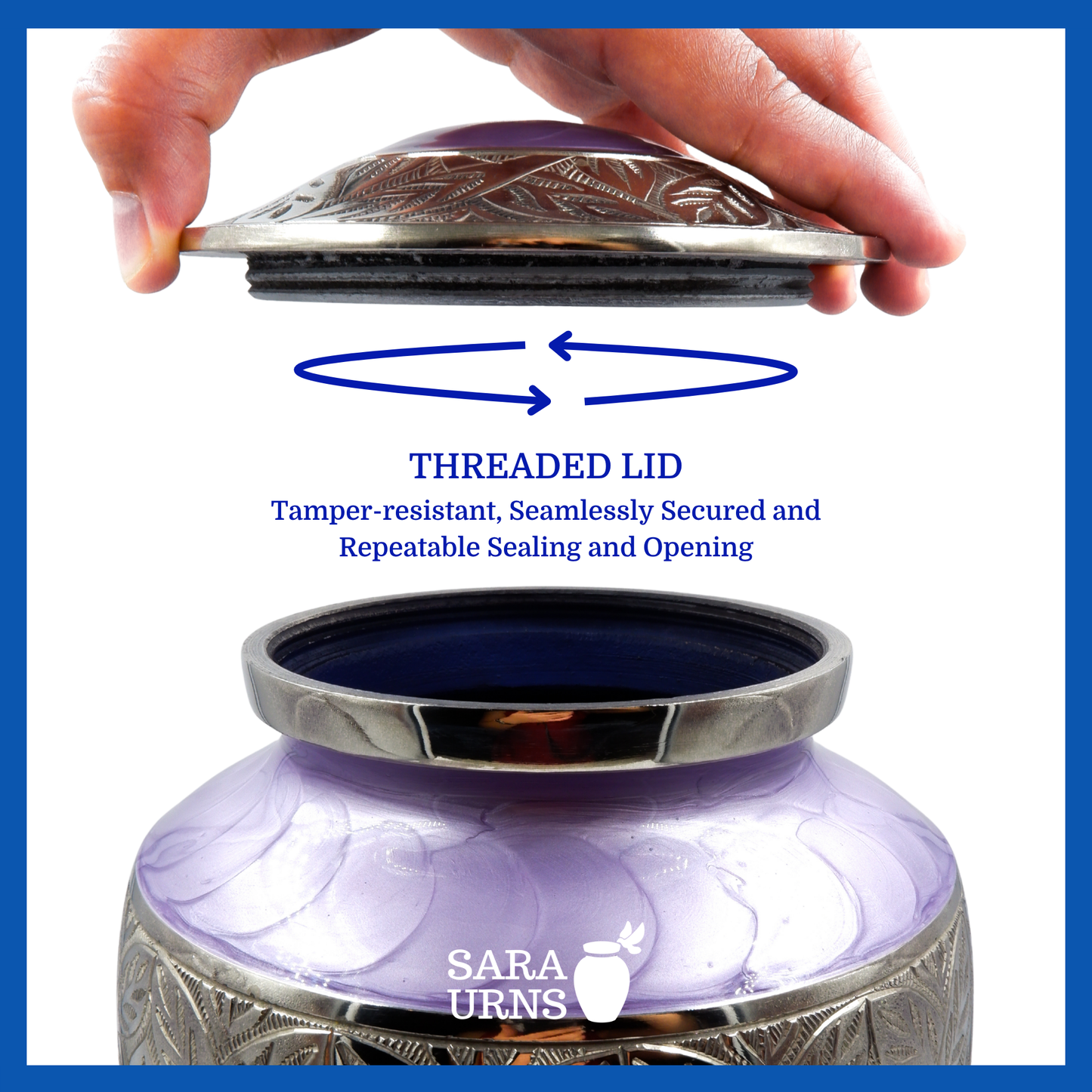 A presentation of a purple polished aluminum metal urn’s threaded lid which highlights its safety and security.