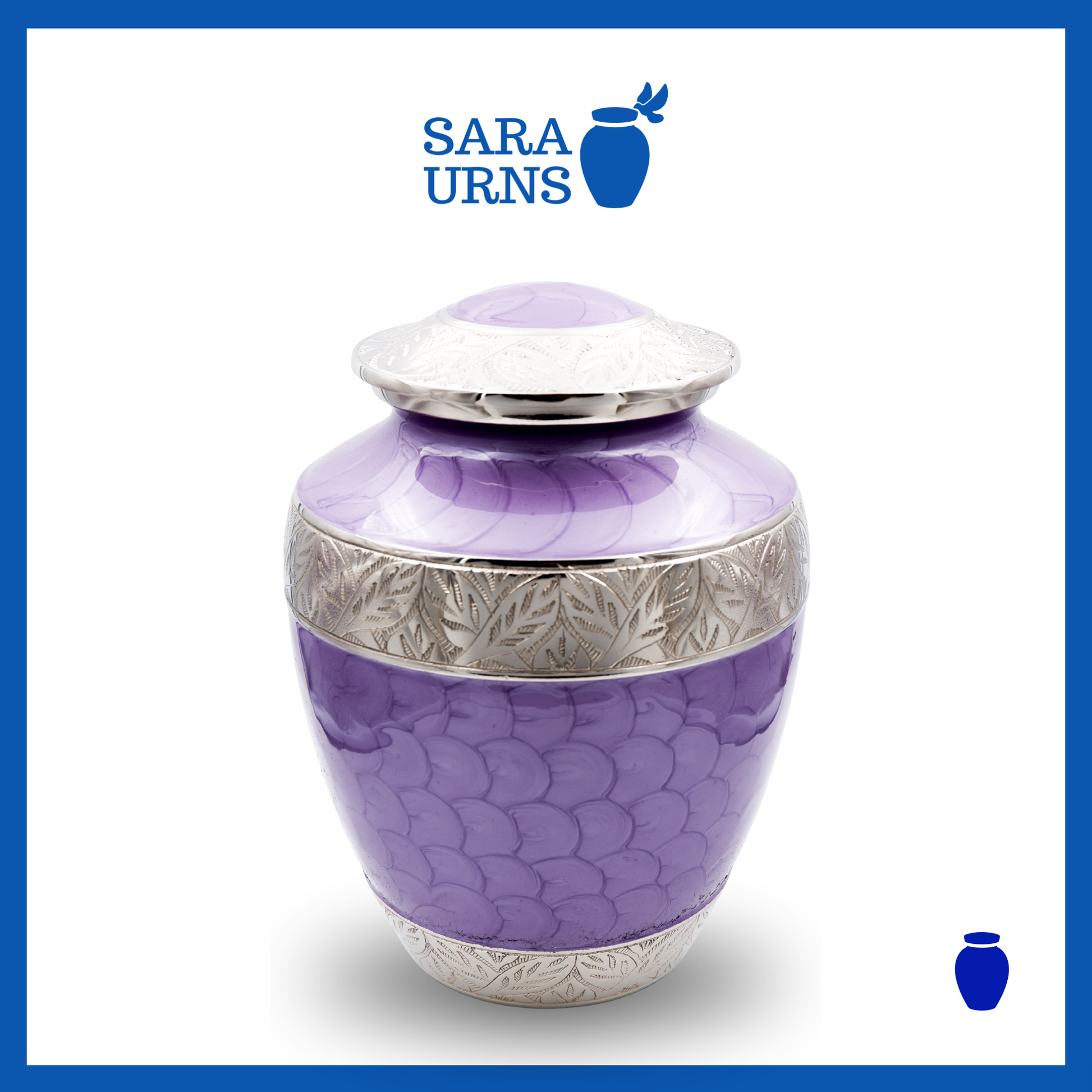 A purple polished aluminum metal urn with an enamel finish and hand-etched details over a white background.