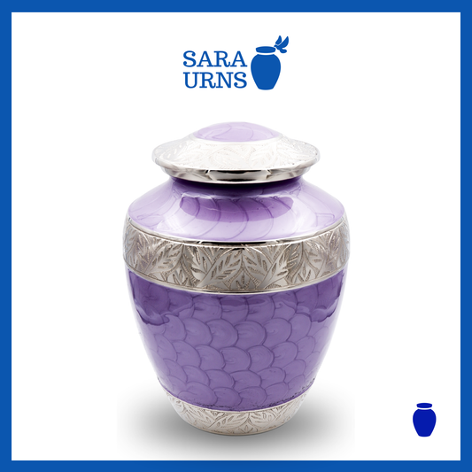 A purple polished aluminum metal urn with an enamel finish and hand-etched details over a white background.