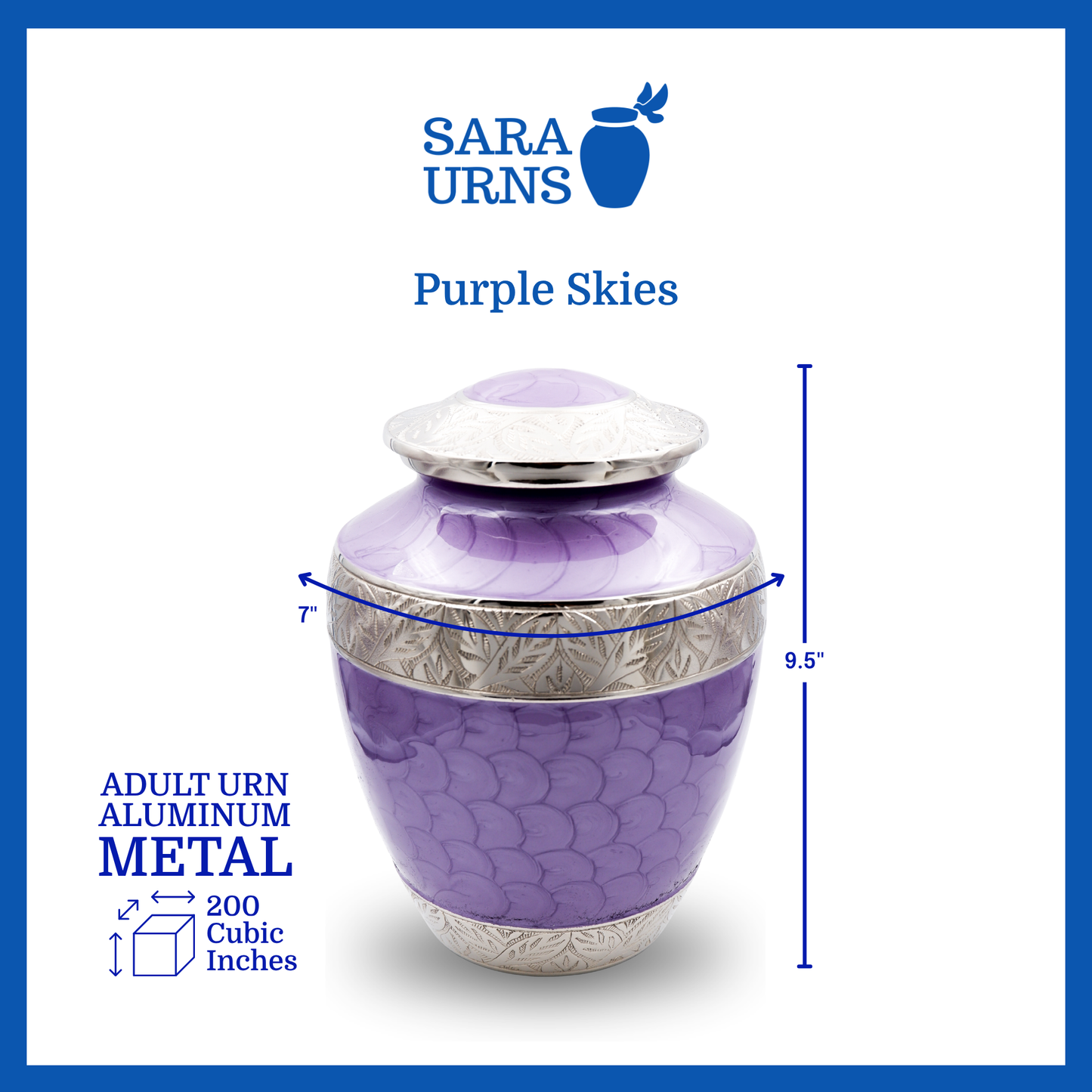 A purple polished aluminum metal urn with an enamel finish and hand-etched details that is specified as 6 inches in diameter, 10 inches tall and is 200 cubic inches.