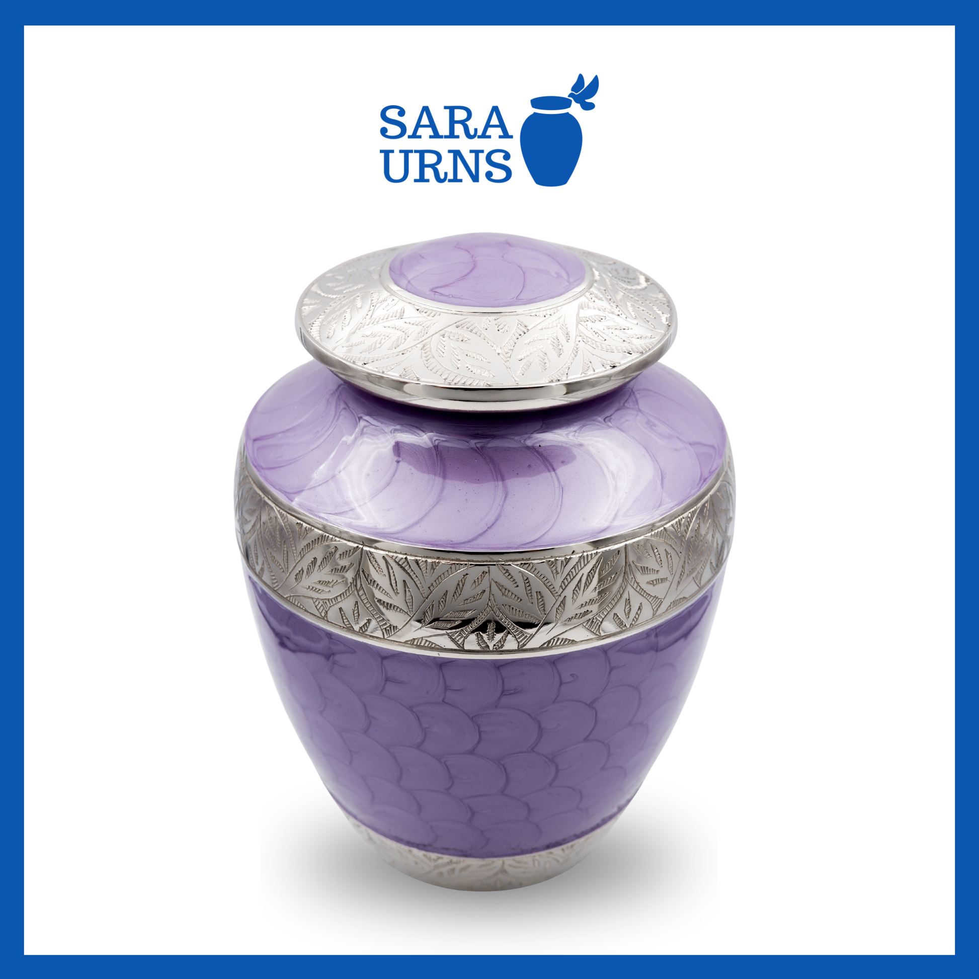 A higher angle of a purple polished aluminum metal urn with an enamel finish and hand-etched details over a white background.