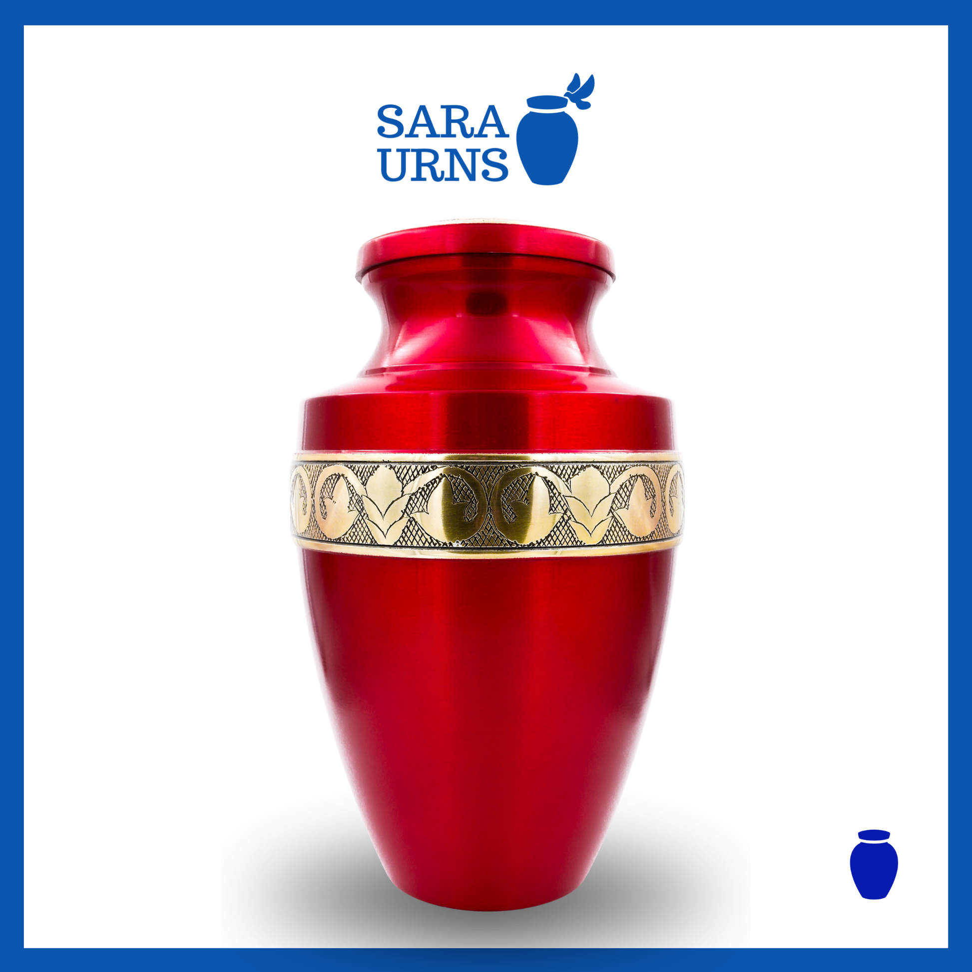 A red polished brass metal urn with golden hand-etched details across the lid and body over a white background.
