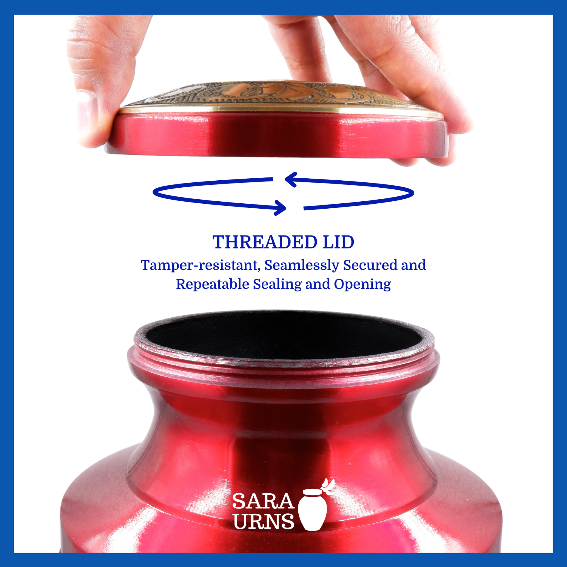 A presentation of a red polished brass metal urn’s threaded lid which highlights its safety and security.