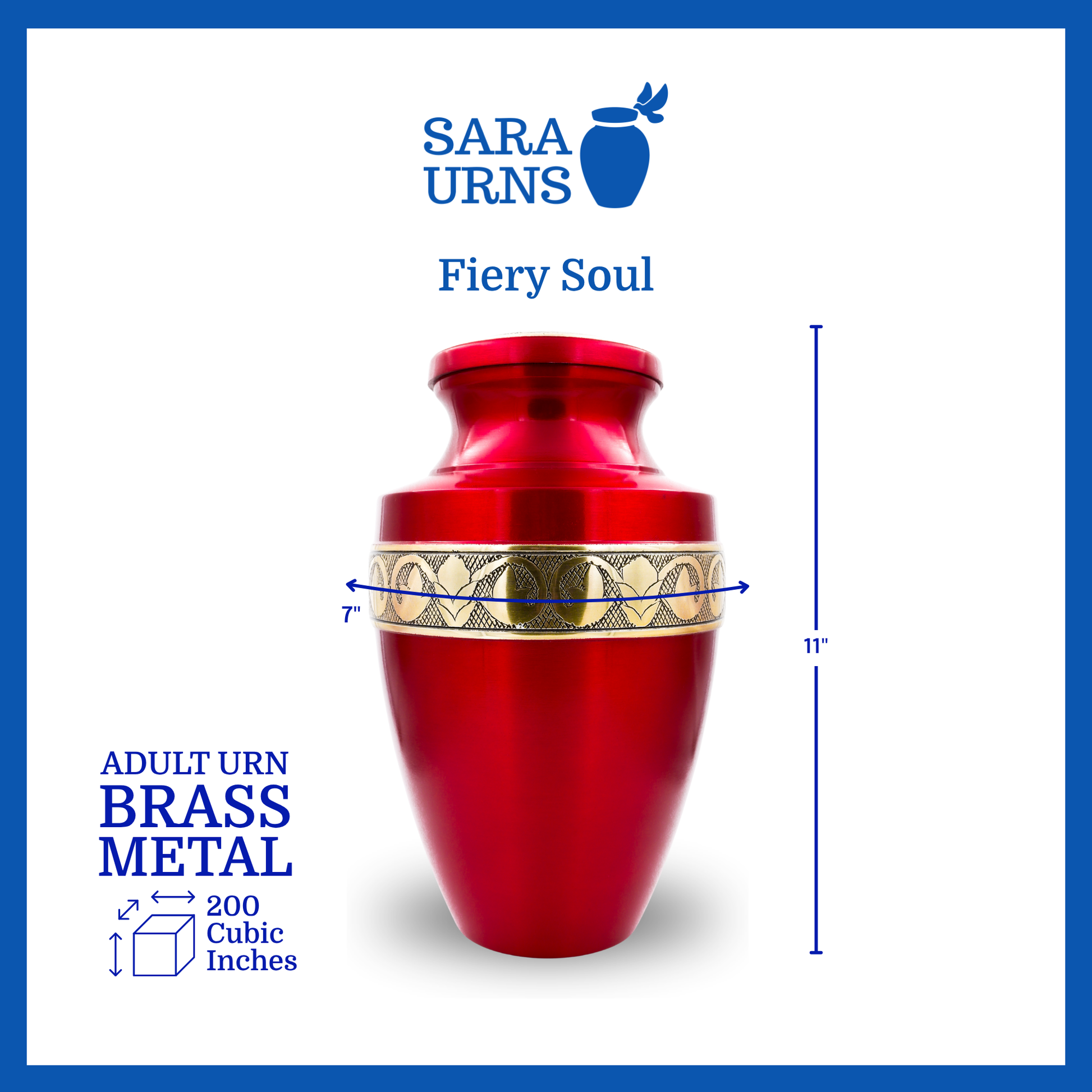 A red polished brass metal urn with golden hand-etched details across the lid and body that is specified as 6 inches in diameter, 10 inches tall and is 200 cubic inches.