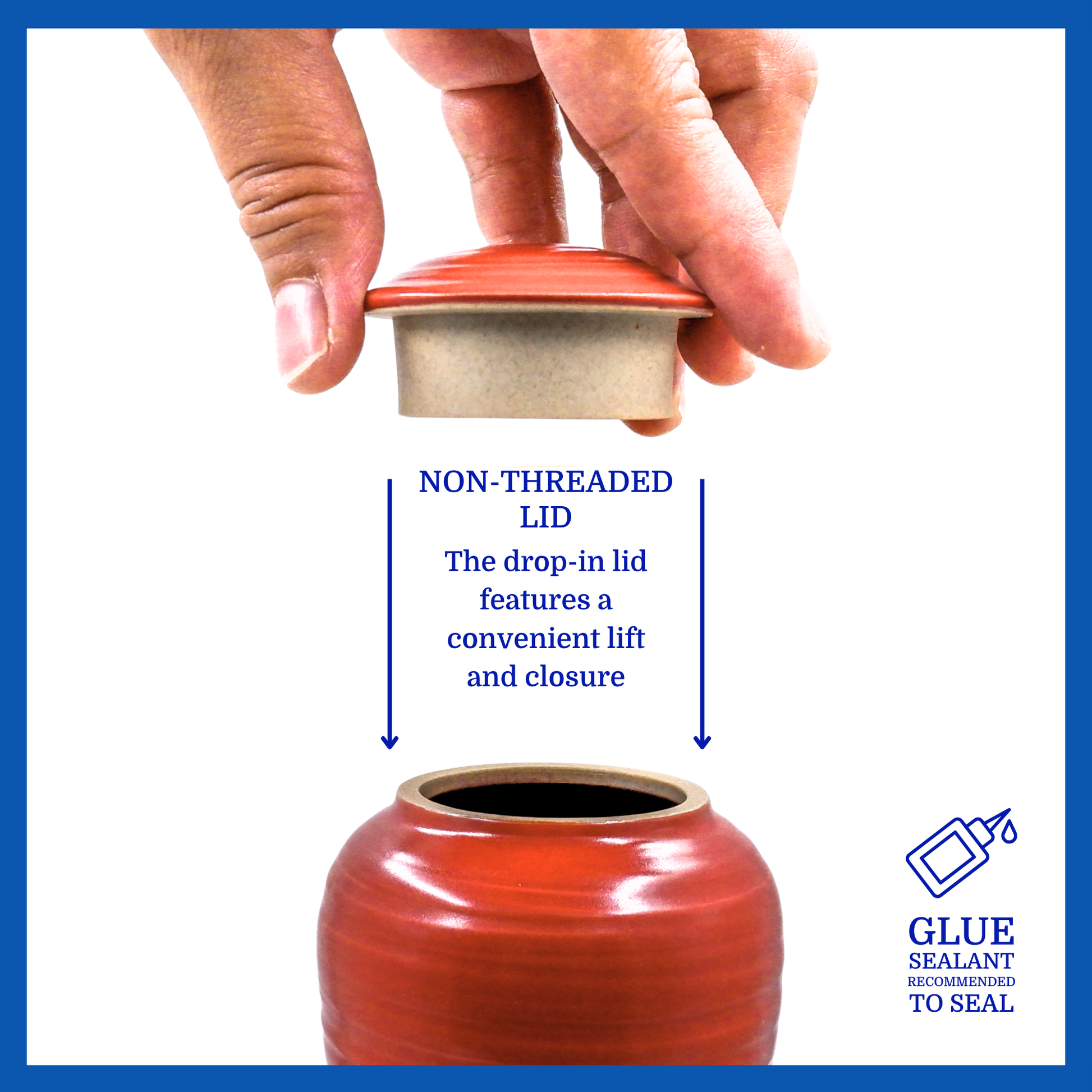 A presentation of a red polished ceramic baby urn’s non-threaded lid which highlights its accessibility.