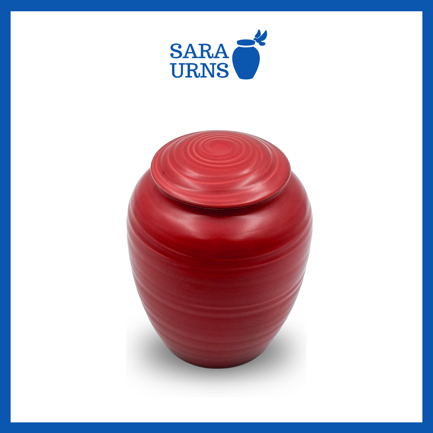 A higher angle of a red polished ceramic baby urn inspired by traditional, Japanese ceramics over a white background.