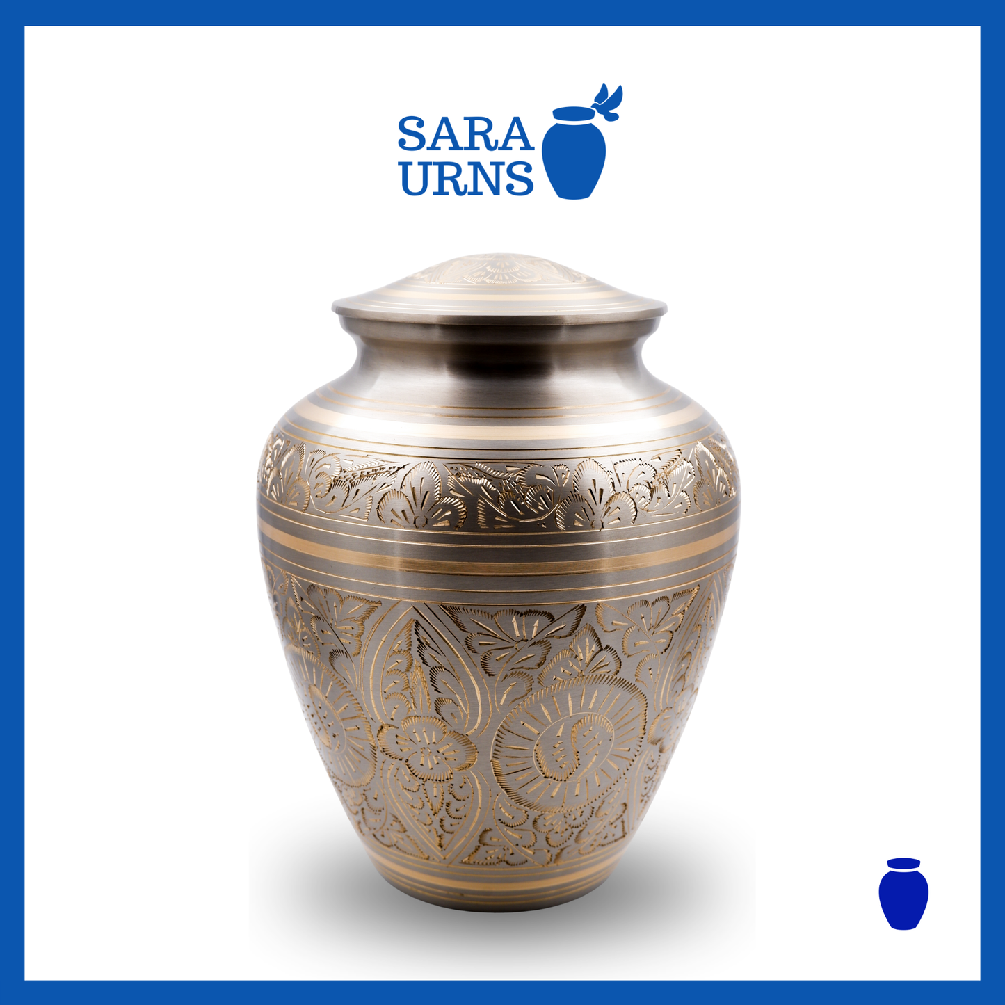 A platinum-bronze polished brass metal urn with hand-etched details across the lid and body over a white background.