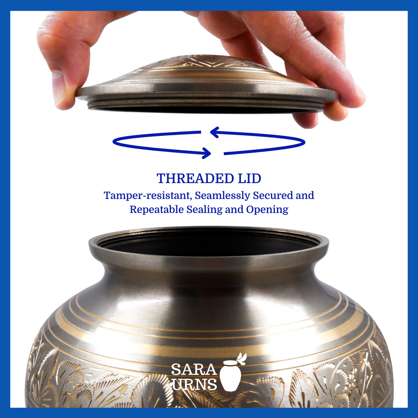 A presentation of a platinum-bronze polished brass metal urn’s threaded lid which highlights its safety and security.