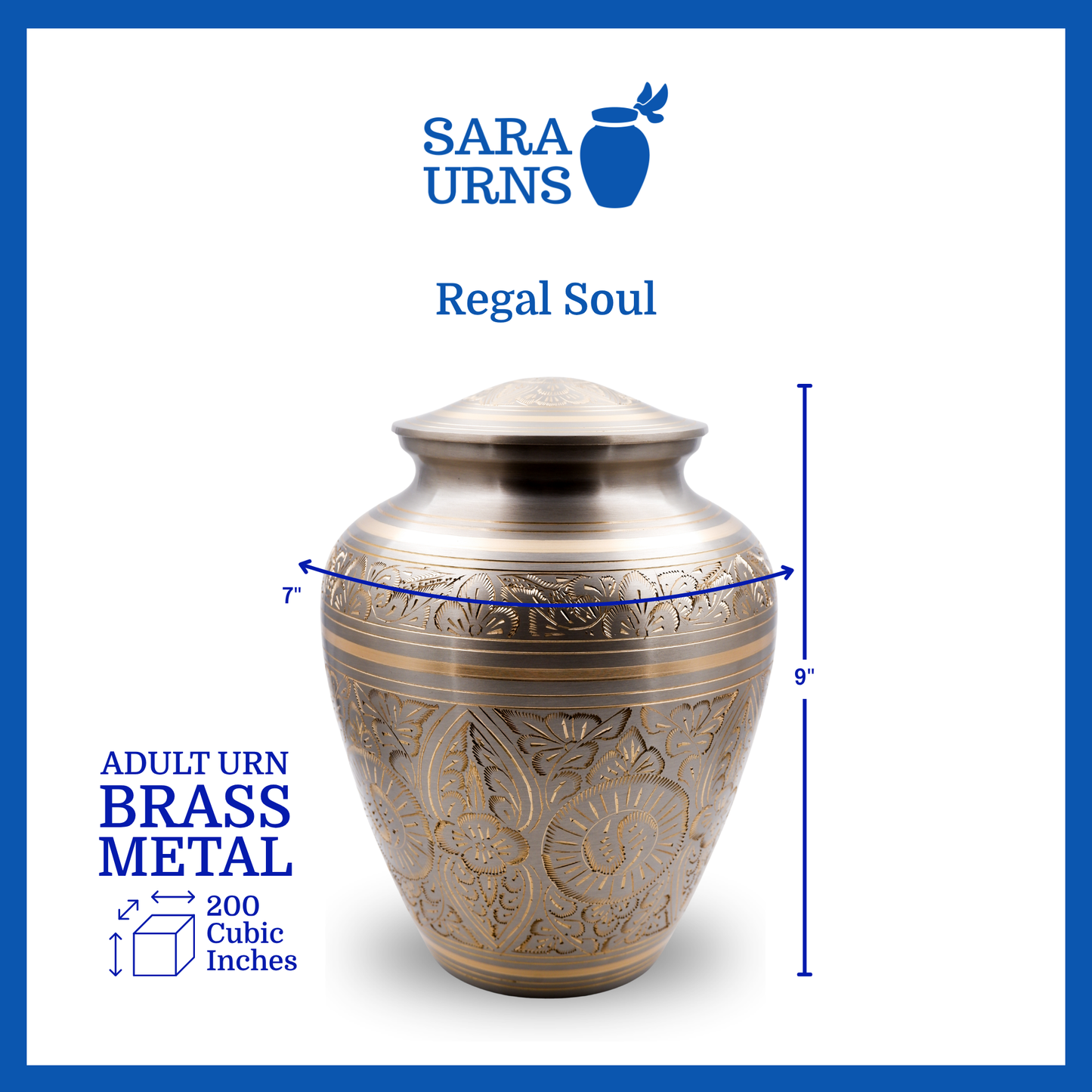 A platinum-bronze polished brass metal urn with hand-etched details across the lid and body that is specified as 6 inches in diameter, 10 inches tall and is 200 cubic inches.