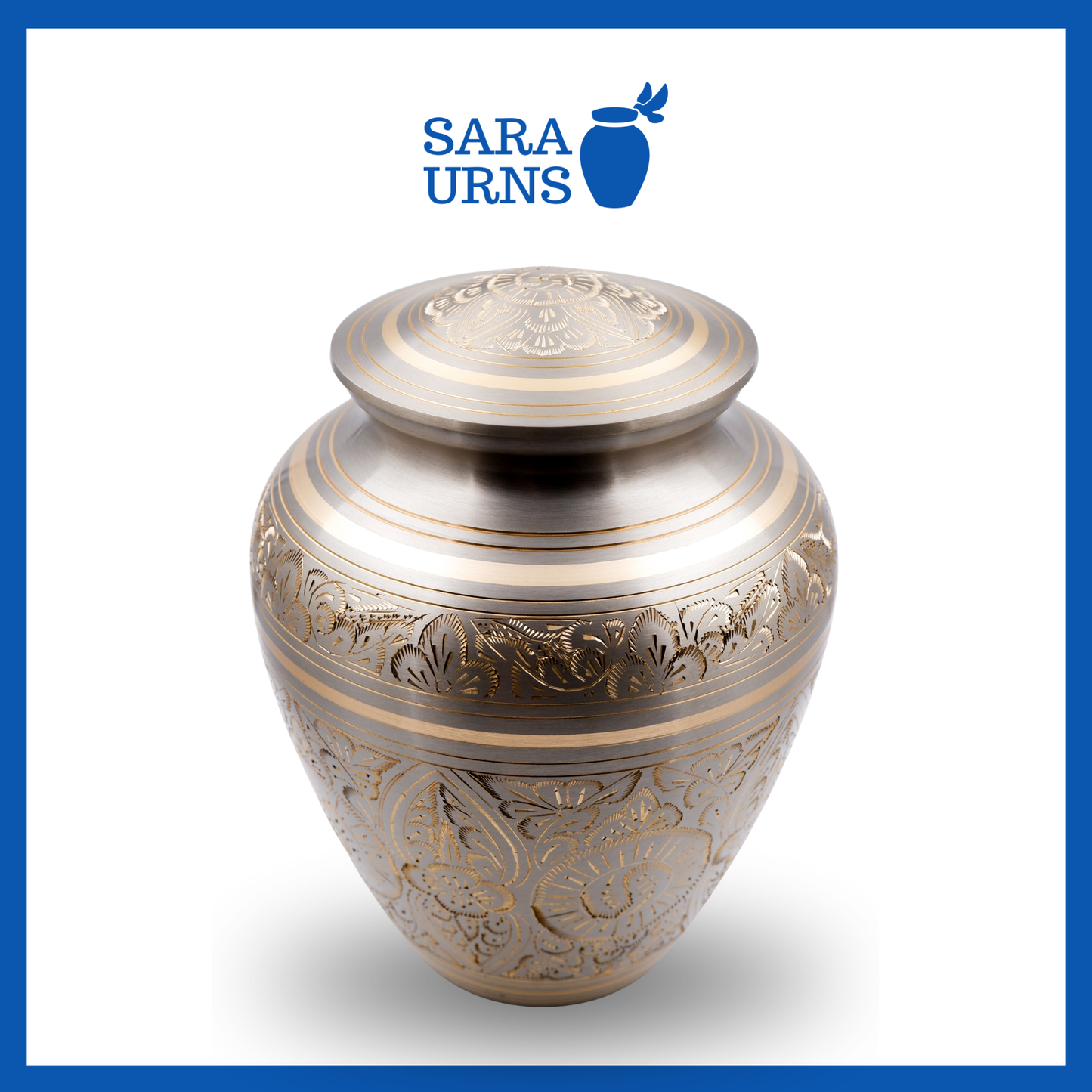 A platinum-bronze polished brass metal urn with hand-etched details across the lid and body over a white background.