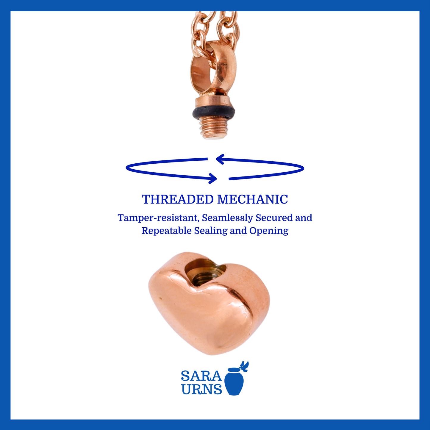 A presentation of a rose gold, heart-shaped ash necklace’s threaded lid which highlights its safety and security.