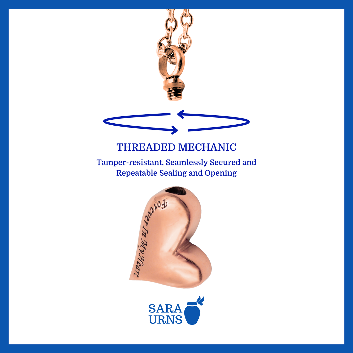 A presentation of a uniquely heart-shaped, rose gold ash necklace’s threaded lid which highlights its safety and security.