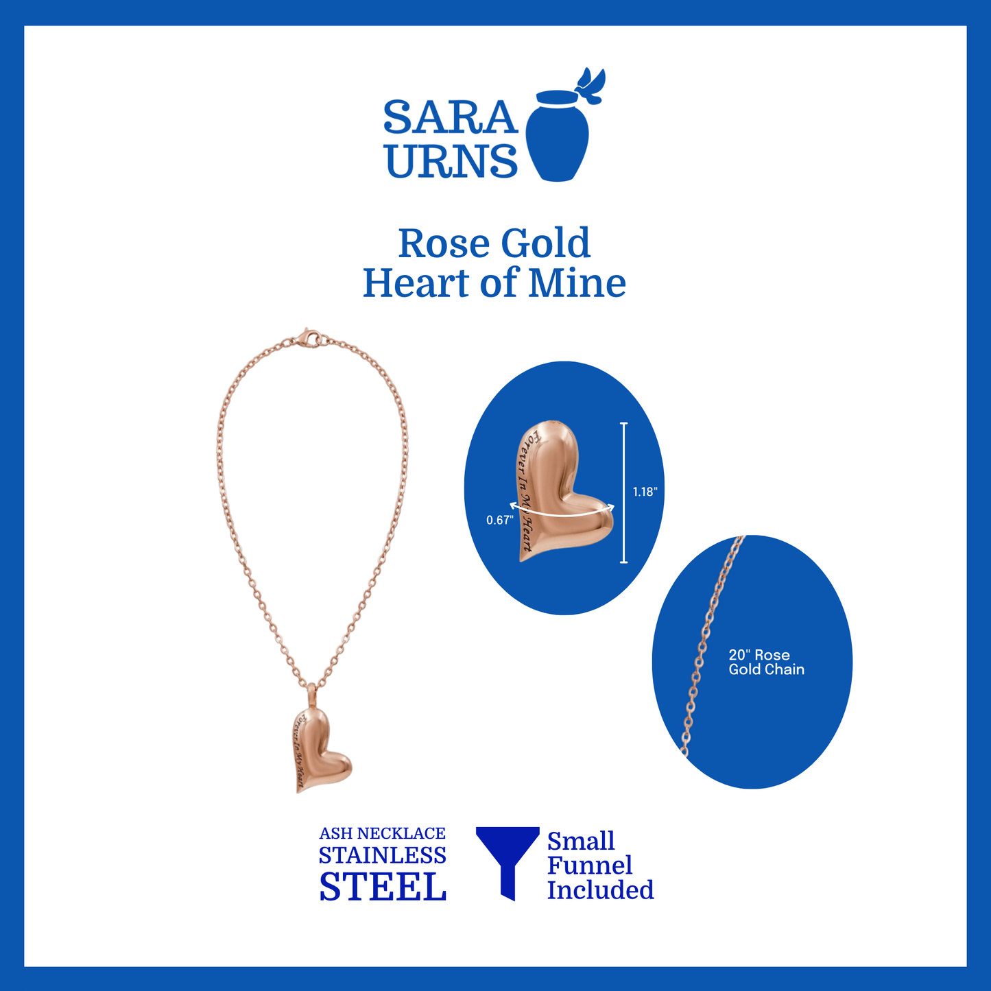 A presentation of a rose gold ash necklace’s pendant with a unique heart shape that is specified as 0.67 inches in width and 1.18 inches in height with a 20-inch chain.