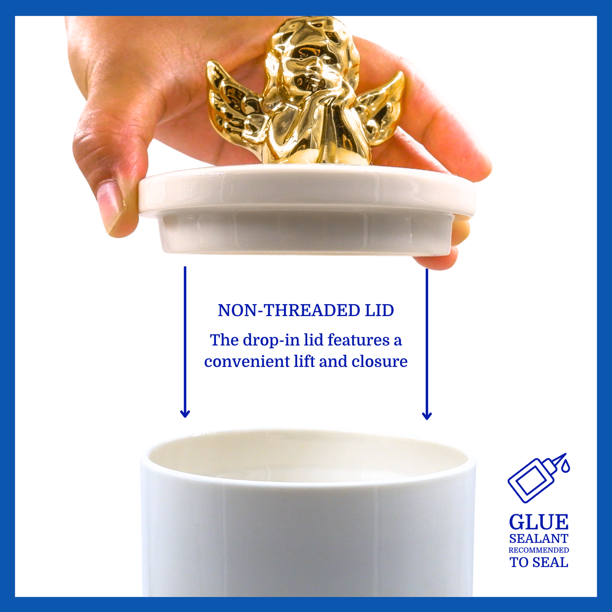 A presentation of a white polished ceramic baby urn with a golden cherub’s non-threaded lid which highlights its accessibility.
