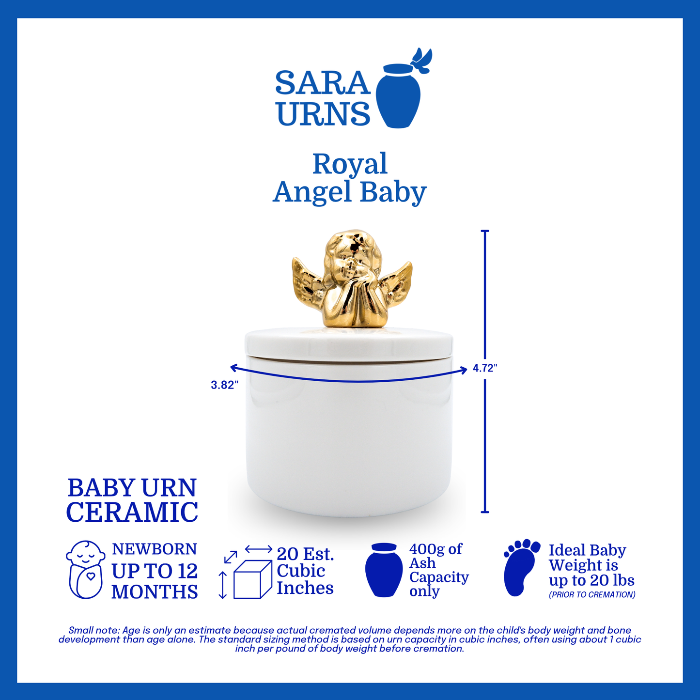 A white polished ceramic baby urn with a gold lid that is specified as 3.82 inches in diameter, 4.72 inches tall and can fit up to 400 grams of capacity. The ideal baby weight is up to 20 pounds and the estimated age is newborn up to 12 months.
