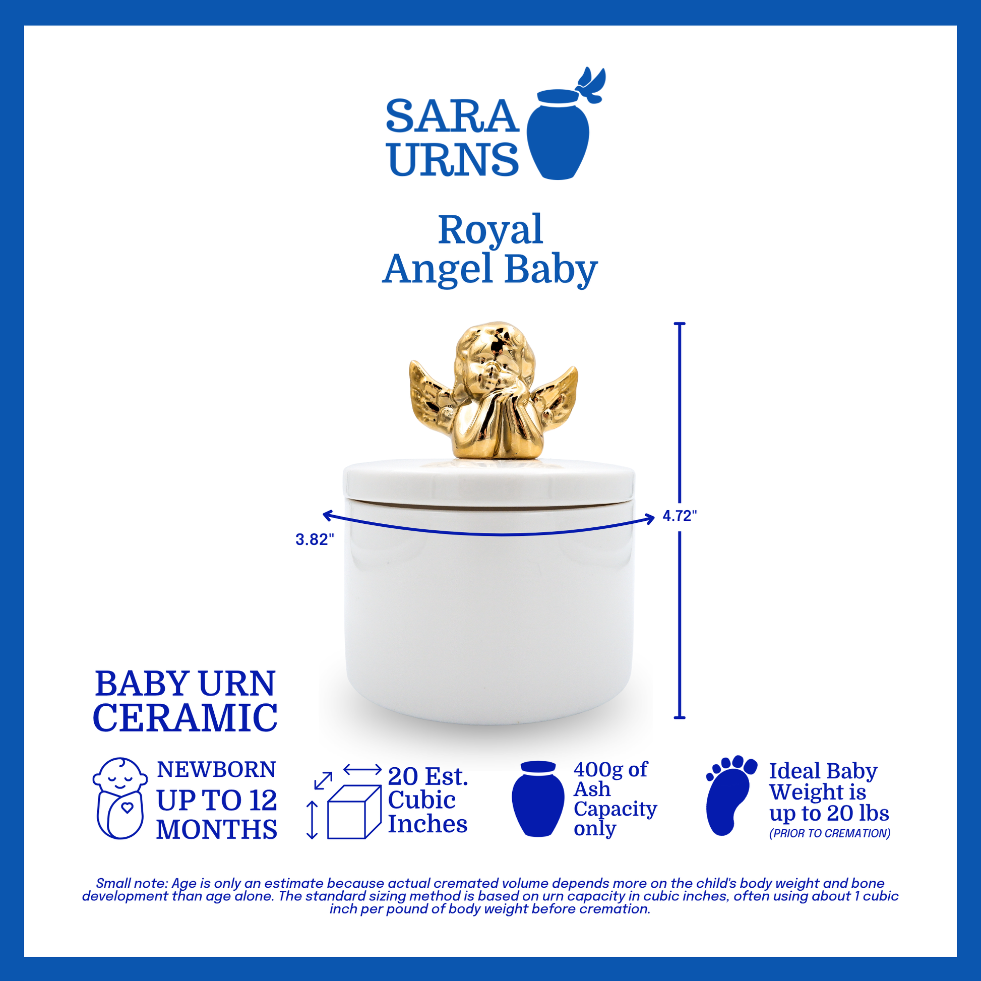 A white polished ceramic baby urn with a gold lid that is specified as 3.82 inches in diameter, 4.72 inches tall and can fit up to 400 grams of capacity. The ideal baby weight is up to 20 pounds and the estimated age is newborn up to 12 months.