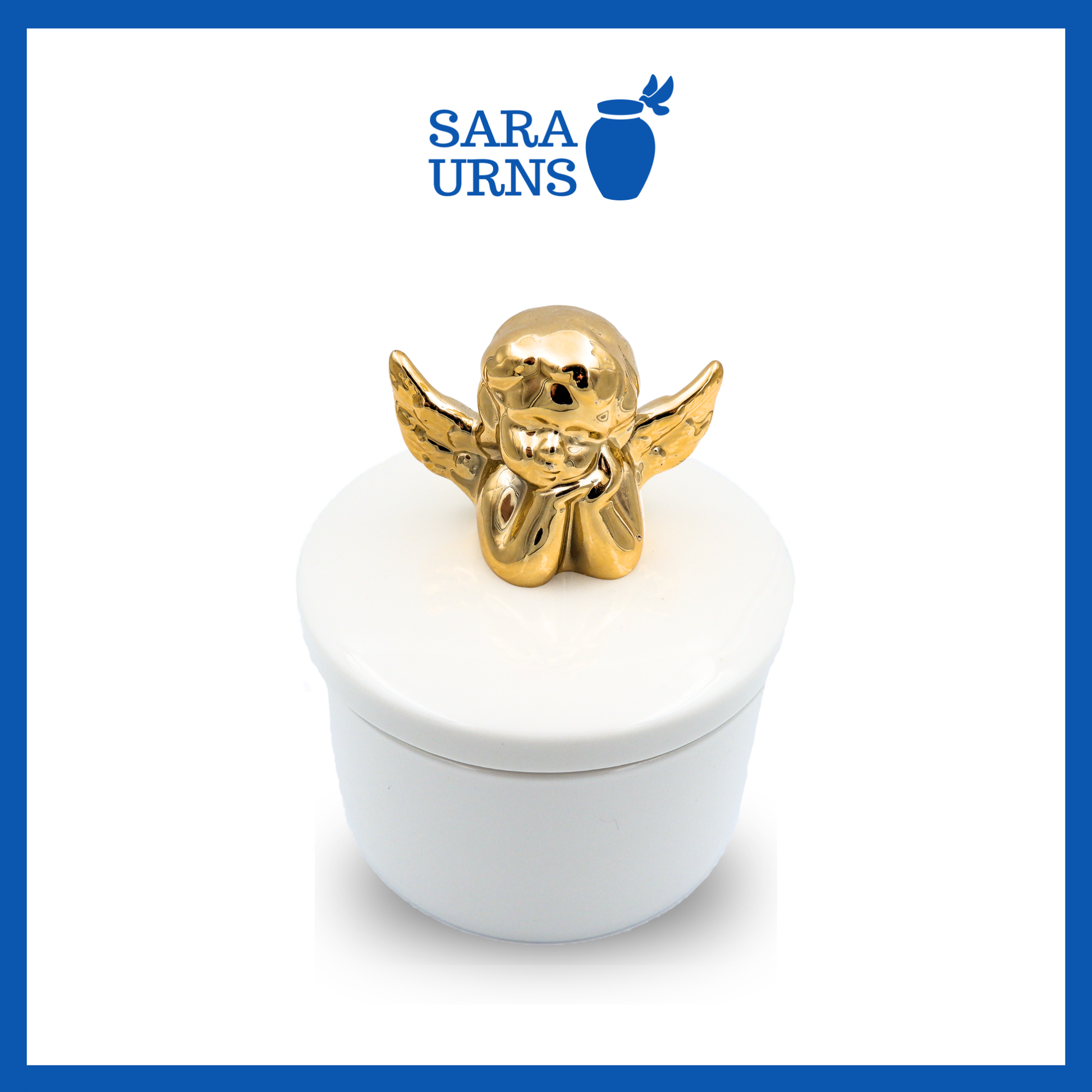 A higher angle of a white polished ceramic baby urn with a golden cherub that sits on top of its lid over a white background.