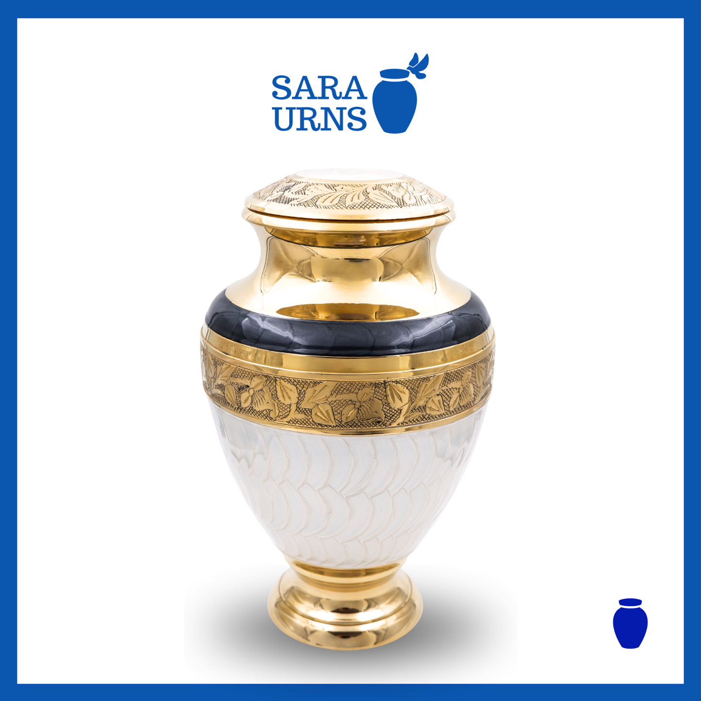 A white polished brass metal urn with golden, hand-etched details over a white background.
