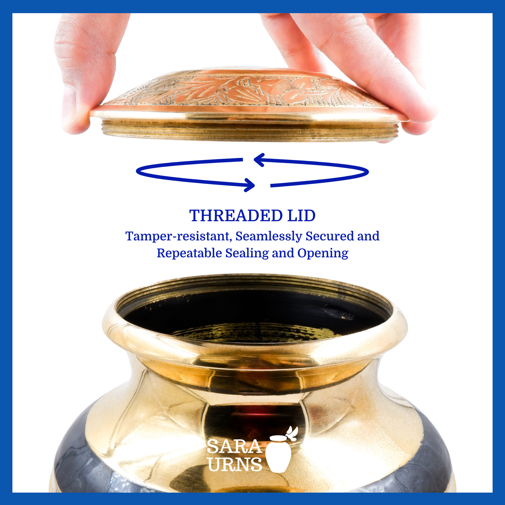 A presentation of a  white polished brass metal urn’s threaded lid which highlights its safety and security.