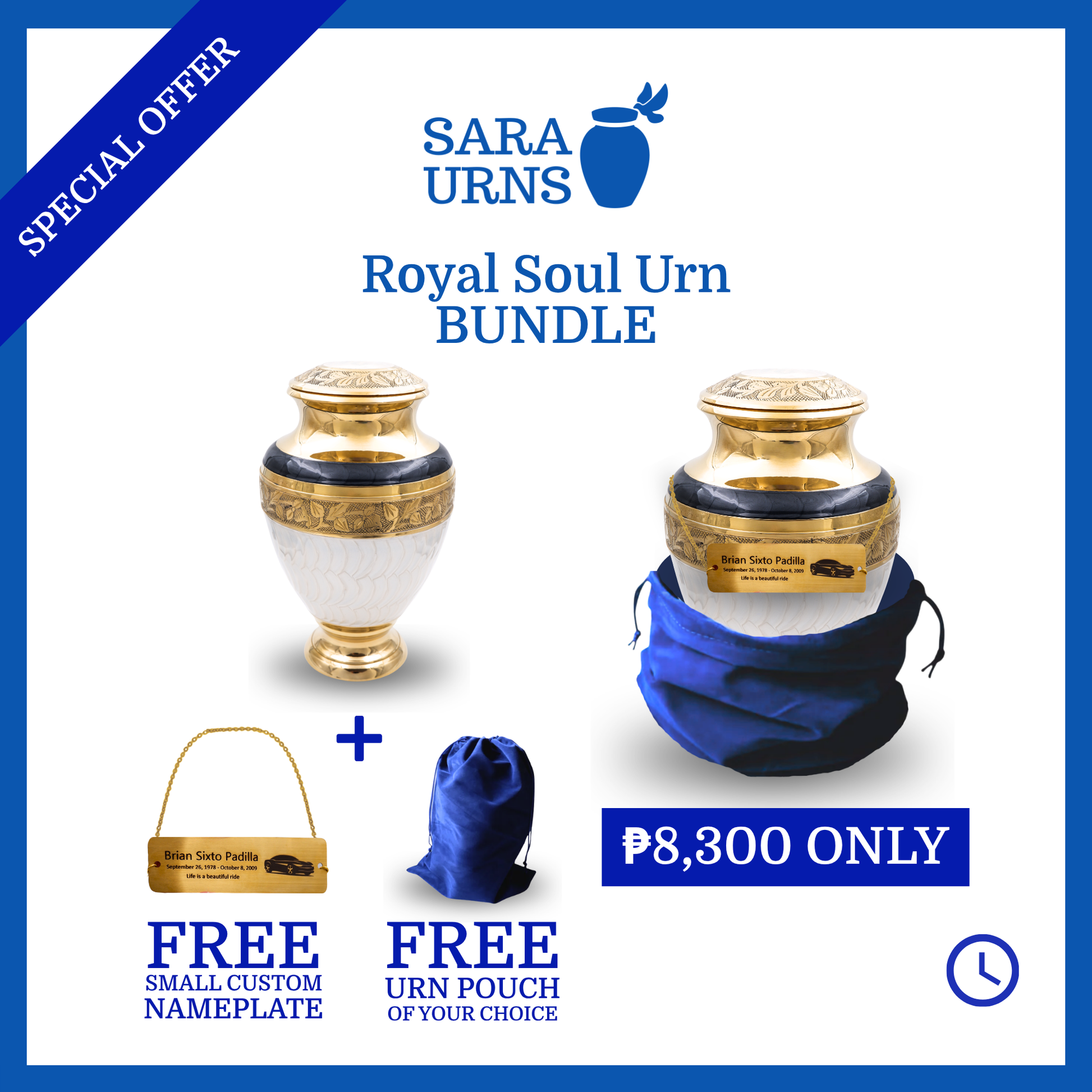  A presentation of a white polished brass metal urn that is bundled with a free small custom nameplate and free urn pouch for only 8,300 pesos.
