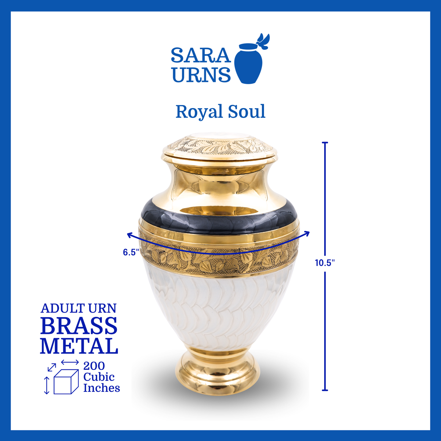 A white polished brass metal urn with golden, hand-etched details that is specified as 6.5 inches in diameter, 10.5 inches tall and is 200 cubic inches.