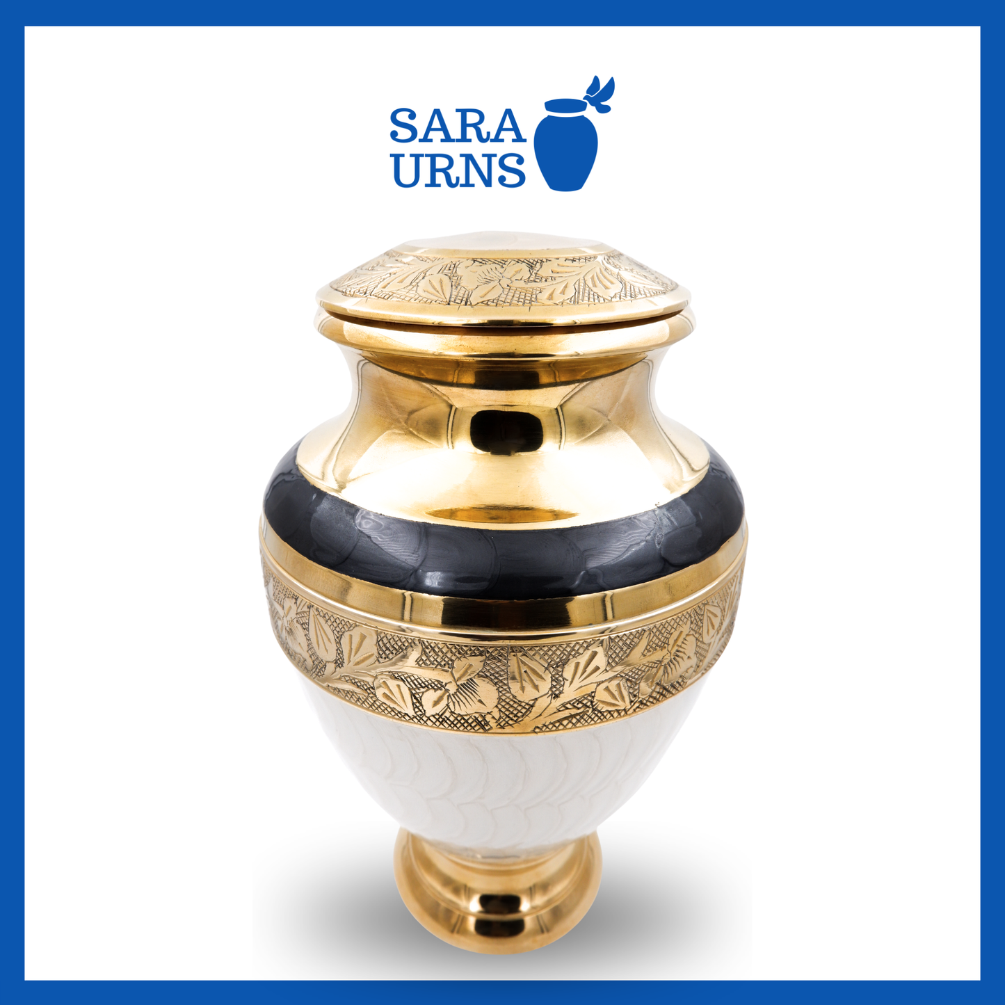 A white polished brass metal urn with golden, hand-etched details over a white background.