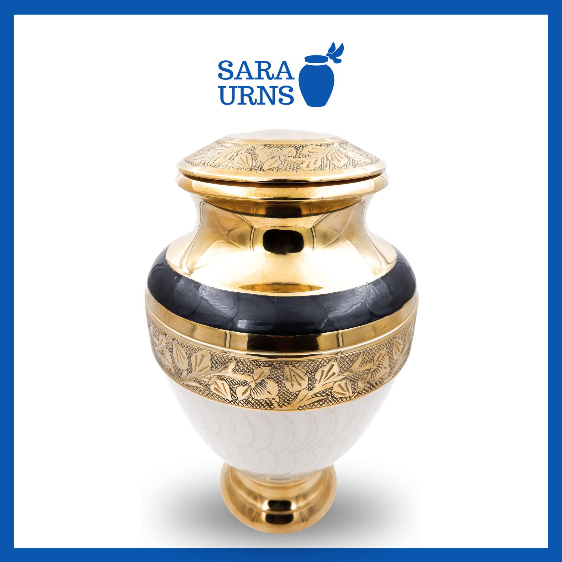 A white polished brass metal urn with golden, hand-etched details over a white background.