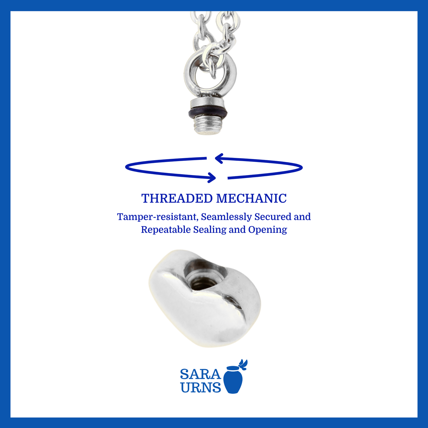 A presentation of a silver, heart-shaped ash necklace’s threaded lid which highlights its safety and security.
