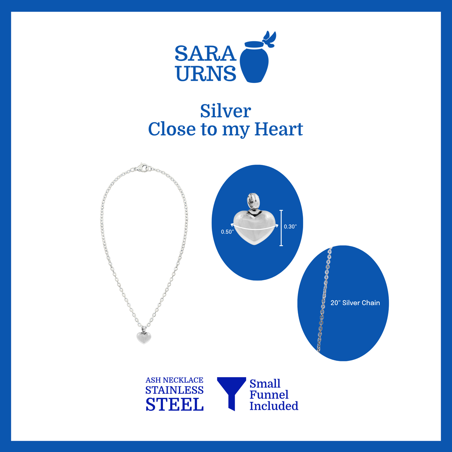 A presentation of a silver heart-shaped ash necklace’s pendant that is specified as 0.50 inches in width and 0.30 inches in height with a 20-inch chain.