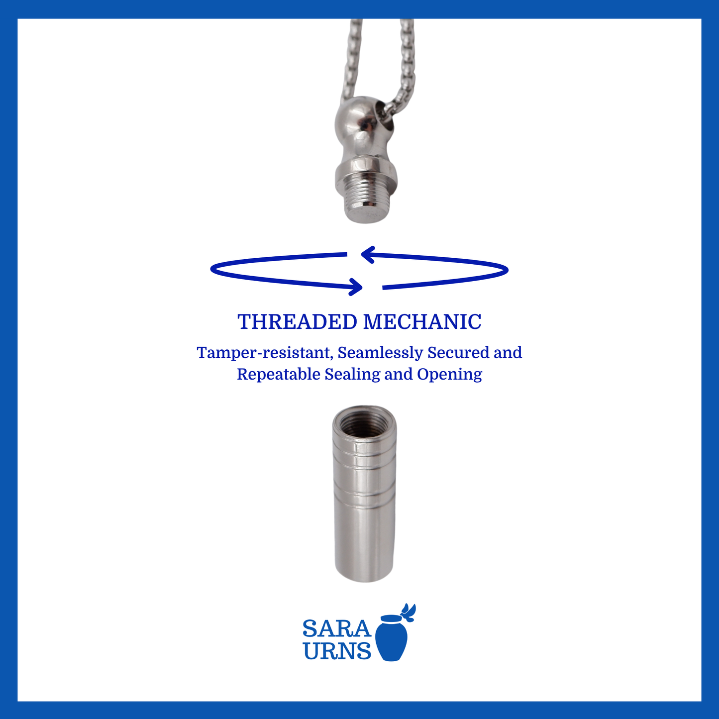 A presentation of a plain, cylinder-shaped silver stainless steel ash necklace’s threaded lid which highlights its safety and security.