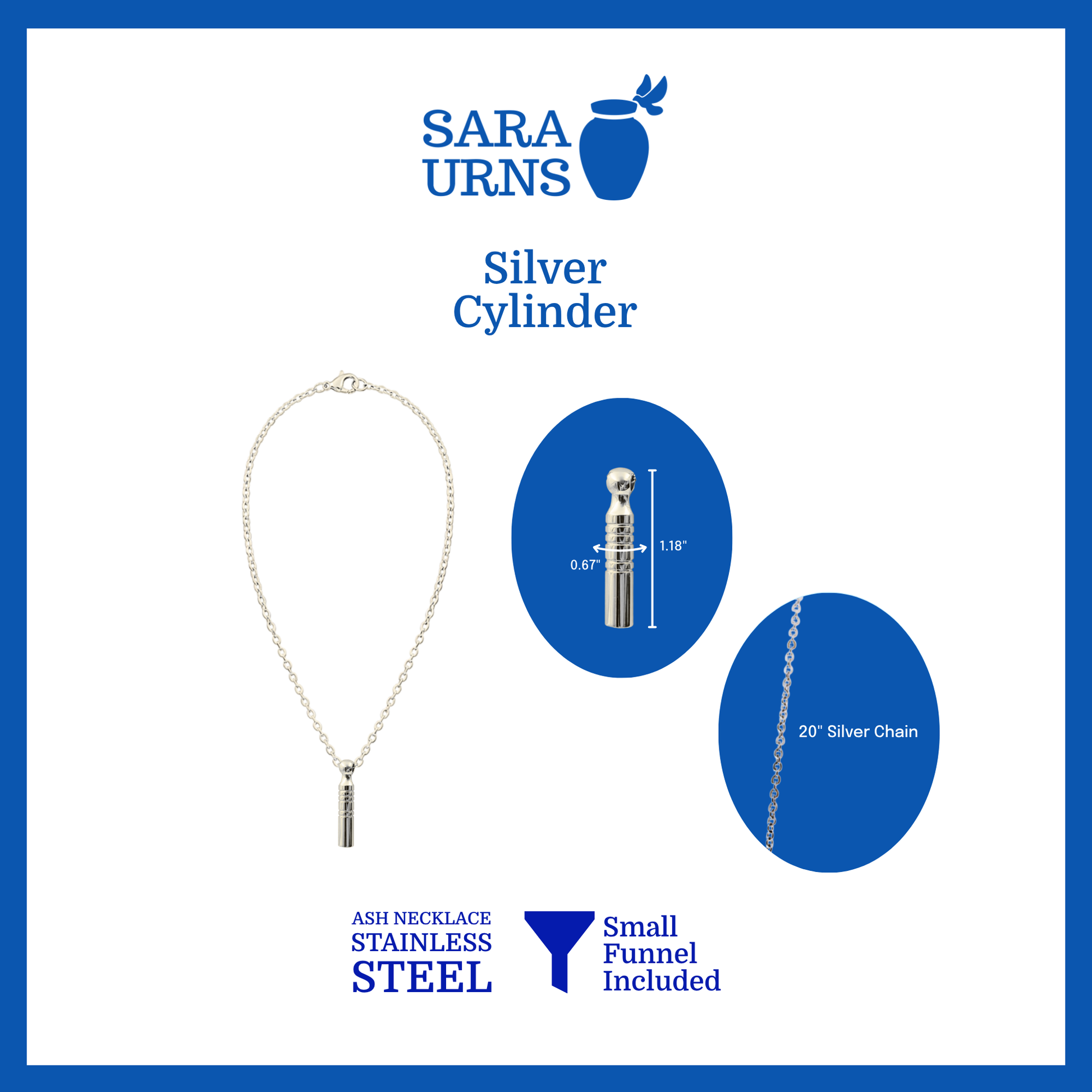 A presentation of a silver, cylinder-shaped ash necklace’s pendant that is specified as 0.67 inches in width and 1.18 inches in height with a 20-inch chain.