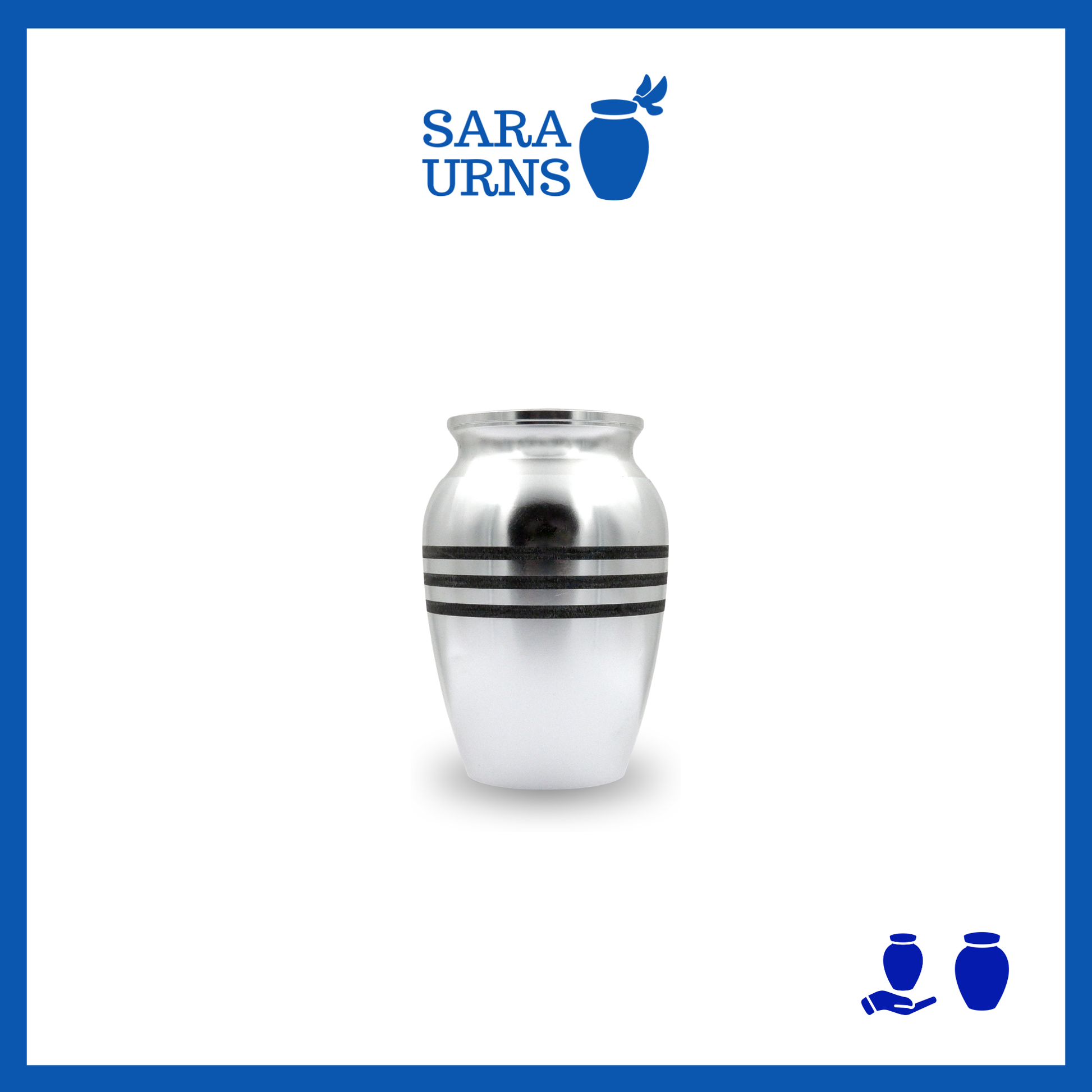 A silver alloy metal keepsake urn with three black stripes over a white background.
