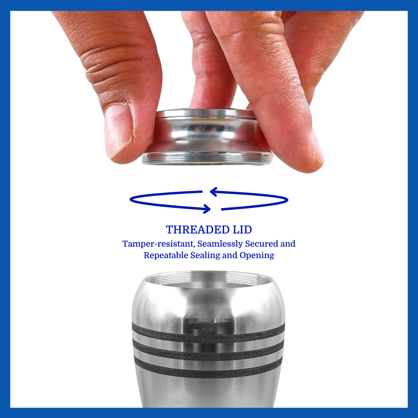 A presentation of a silver alloy metal keepsake urn’s threaded lid which highlights its safety and security.